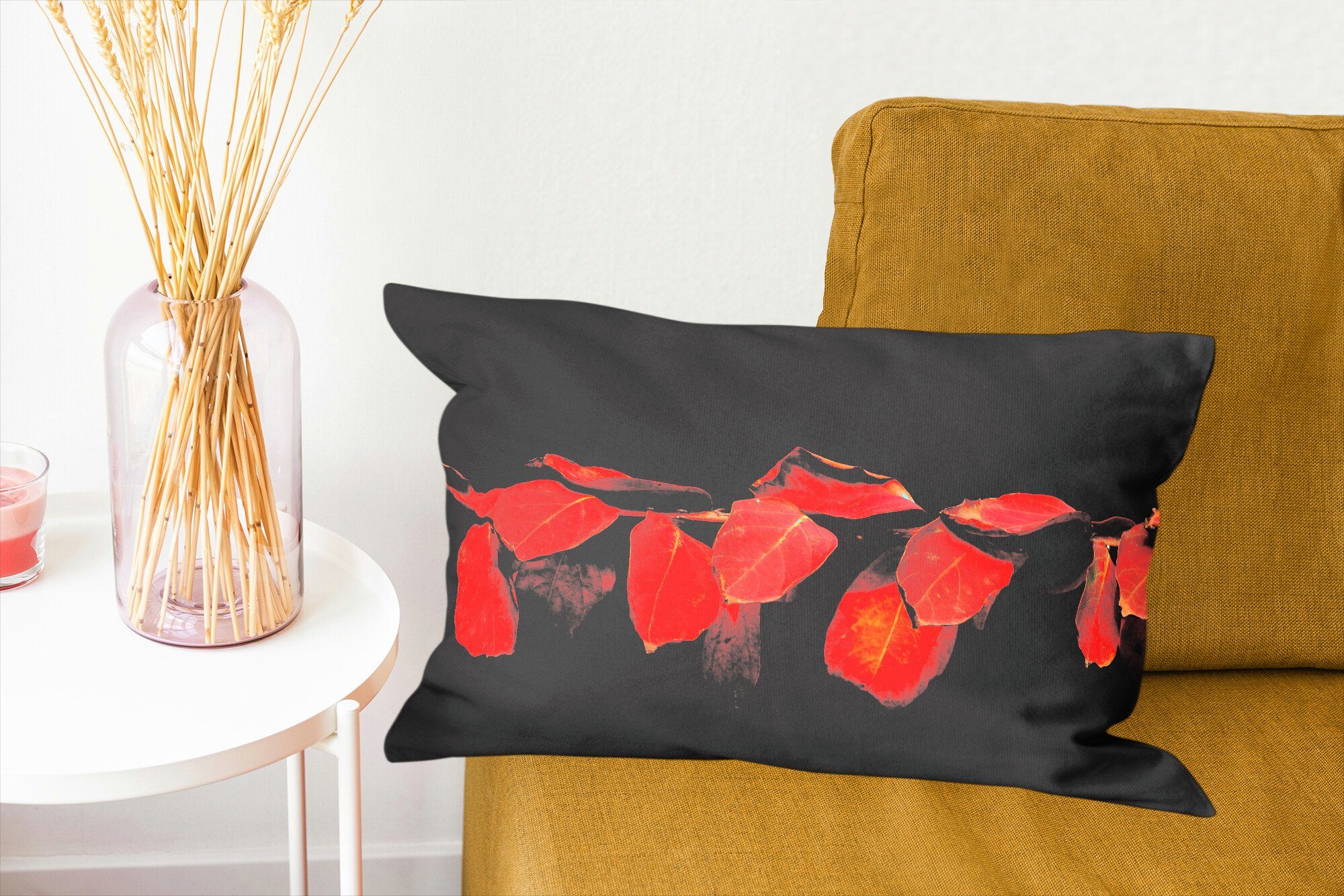 Wohzimmer Dekoration, auf Zierkissen, Hintergrund, Füllung, Dekokissen Blätter roten MuchoWow Dekokissen schwarzem mit Die Schlafzimmer