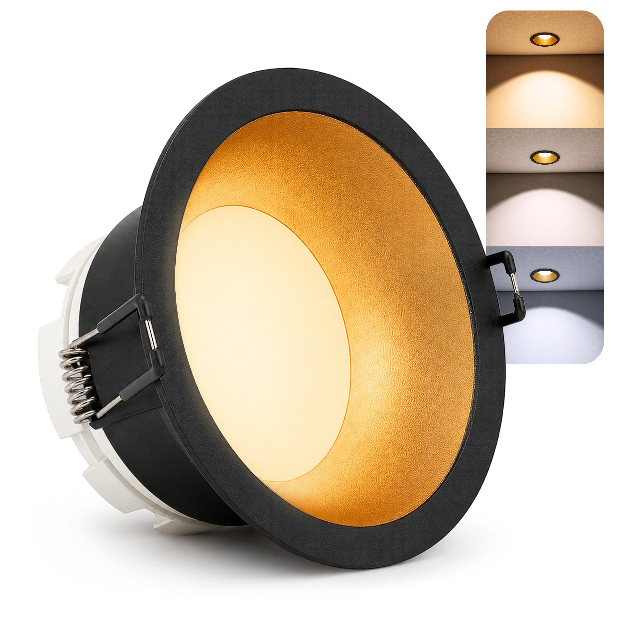 SSC-LUXon LED Einbaustrahler GEXIA Einbauspot schwarz gold Ø11cm LED GX53 3in1 Lichtfarbe 3W 230V, Neutralweiß, Warmweiß, Tageslichtweiß