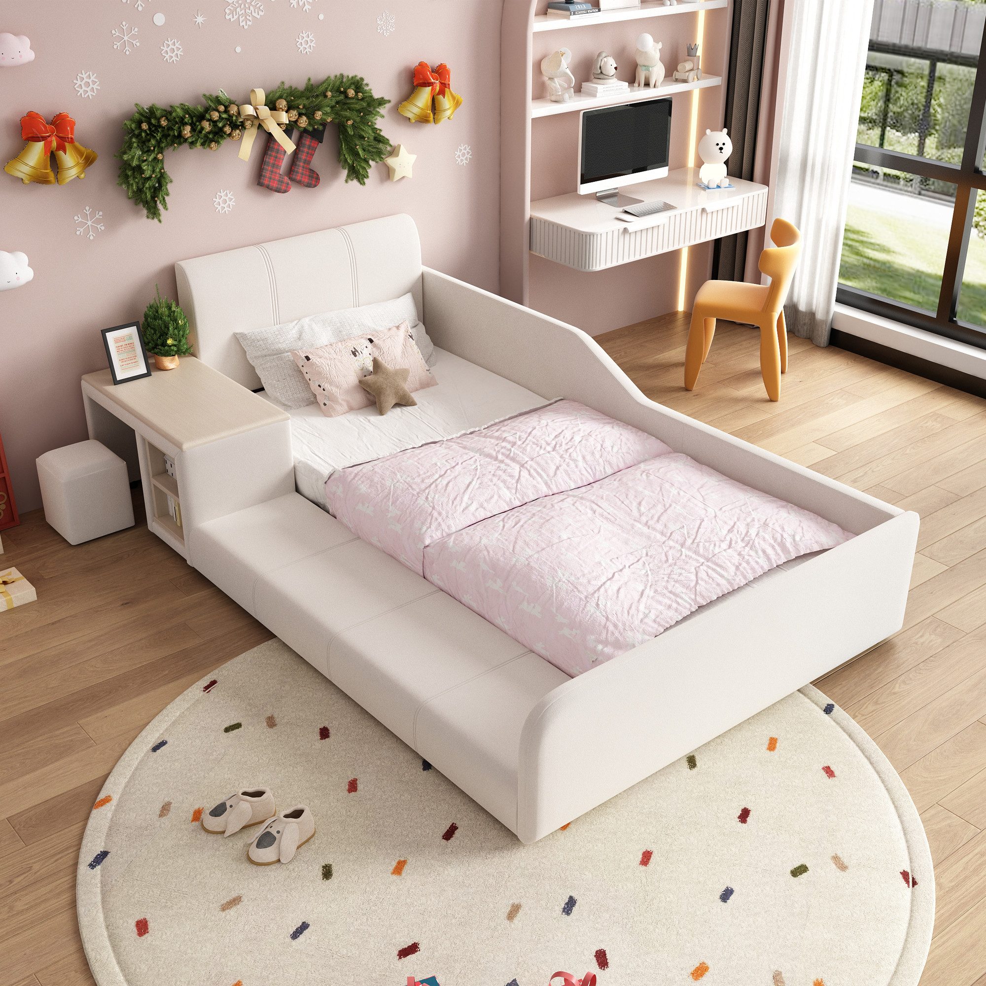 OKWISH Polsterbett Kinderbett Funktionsbett (mit Schreibtisch, Hocker und Stauraum, Blau, Weiches Kopfteil, Robuste Holzlatten, für Schlaf- und Arbeitsbereich 90x200 cm), ohne Matratze