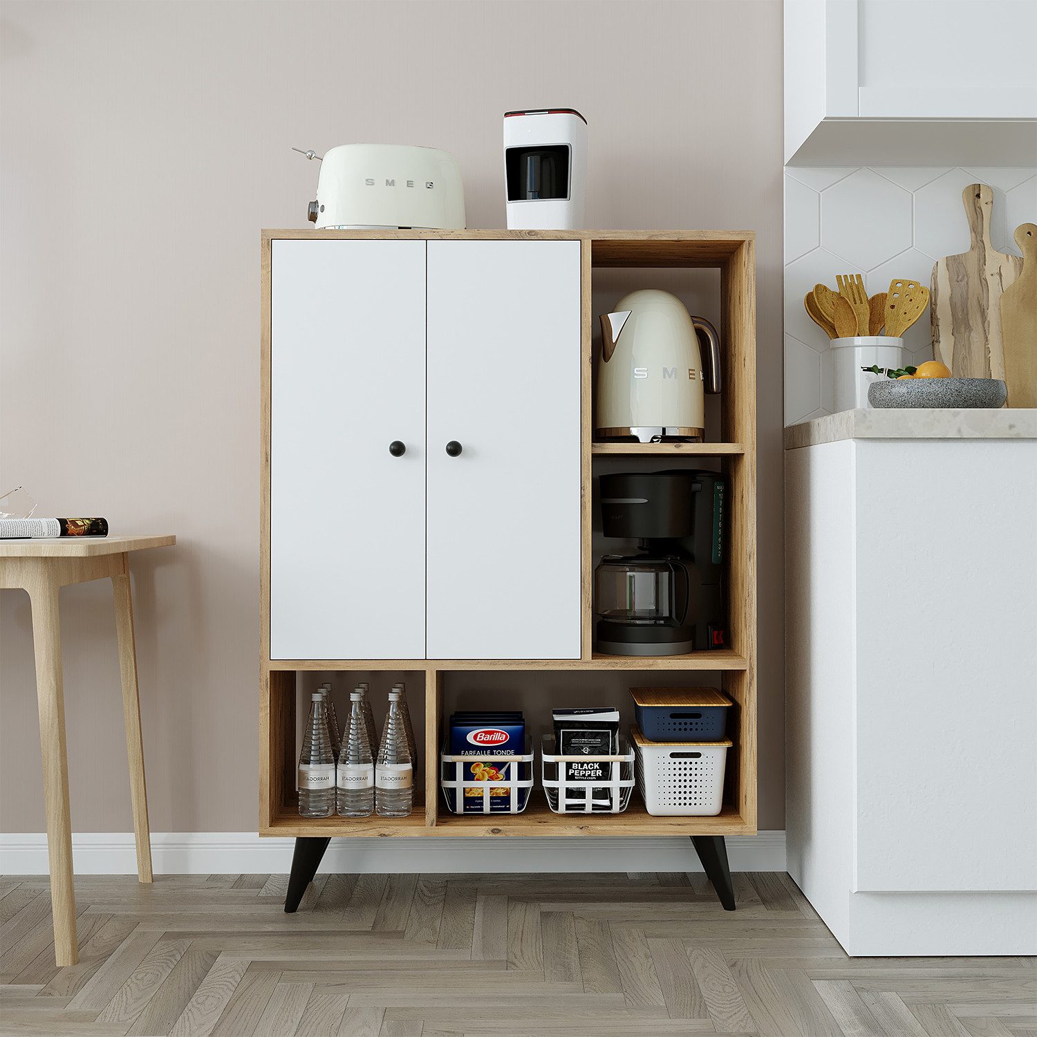 Roomart Highboard SIMON 90 cm, Skandi-Design, Metallfüße, 4 offene Fächer, Weiß-Eiche (Wohnzimmerschrank, Kommode, Aufbewahrungsschrank, Küchenschrank, Mehrzweckschrank mit Türen und Regalen, 1 St., für Flur, Wohnzimmer, Schlafzimmer, Esszimmer), Schwarze Metallfüße, 4 offene Fächer, 2 Türen, 35 cm tief