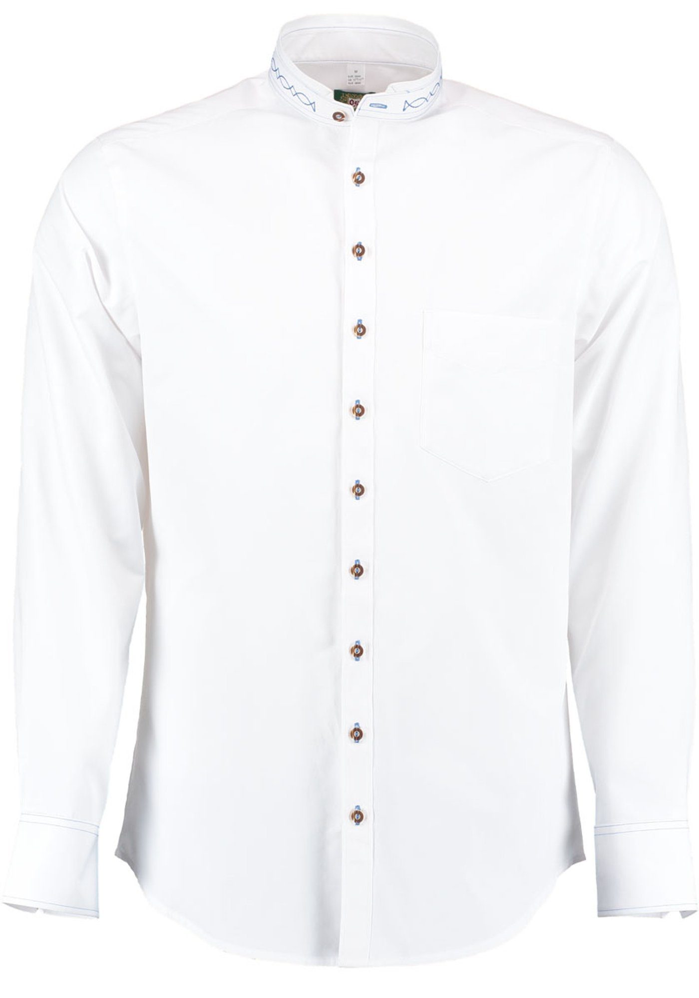 OS-Trachten Trachtenhemd Storax Langarmhemd mit Stickerei auf dem Stehkragen weiß-mittelblau