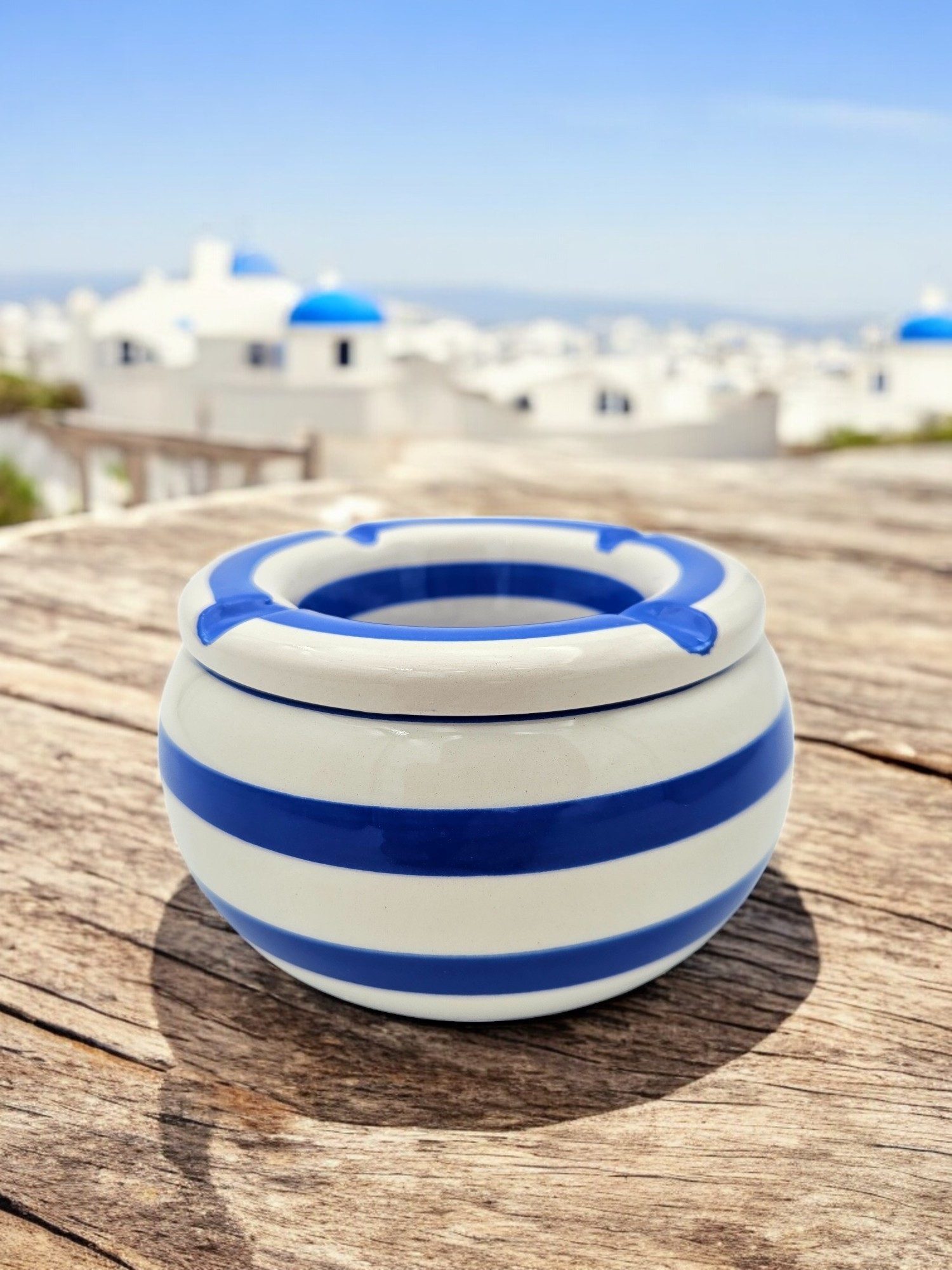 Meinposten Aschenbecher Sturmaschenbecher Mykonos M / XXL 23 cm Maritim blau weiß gestreift, aus Keramik