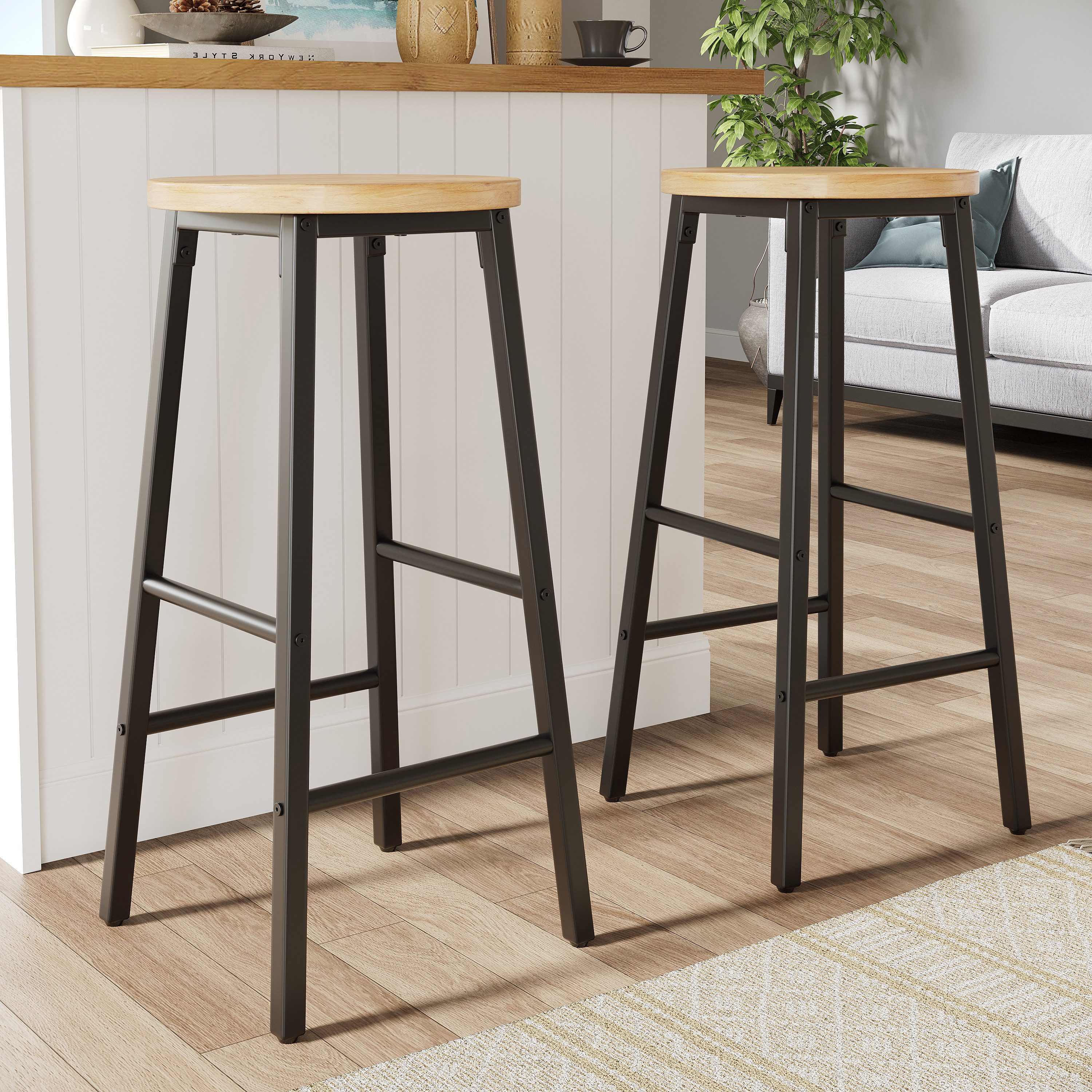 Flieks Barhocker mit runder Sitz in Holzoptik Natur (Set, 2 St., mit verstellbaren Fußpolstern), 2er Set Barstühle Esszimmerstühle, schwarzer Metallbeine, B30xH63 cm