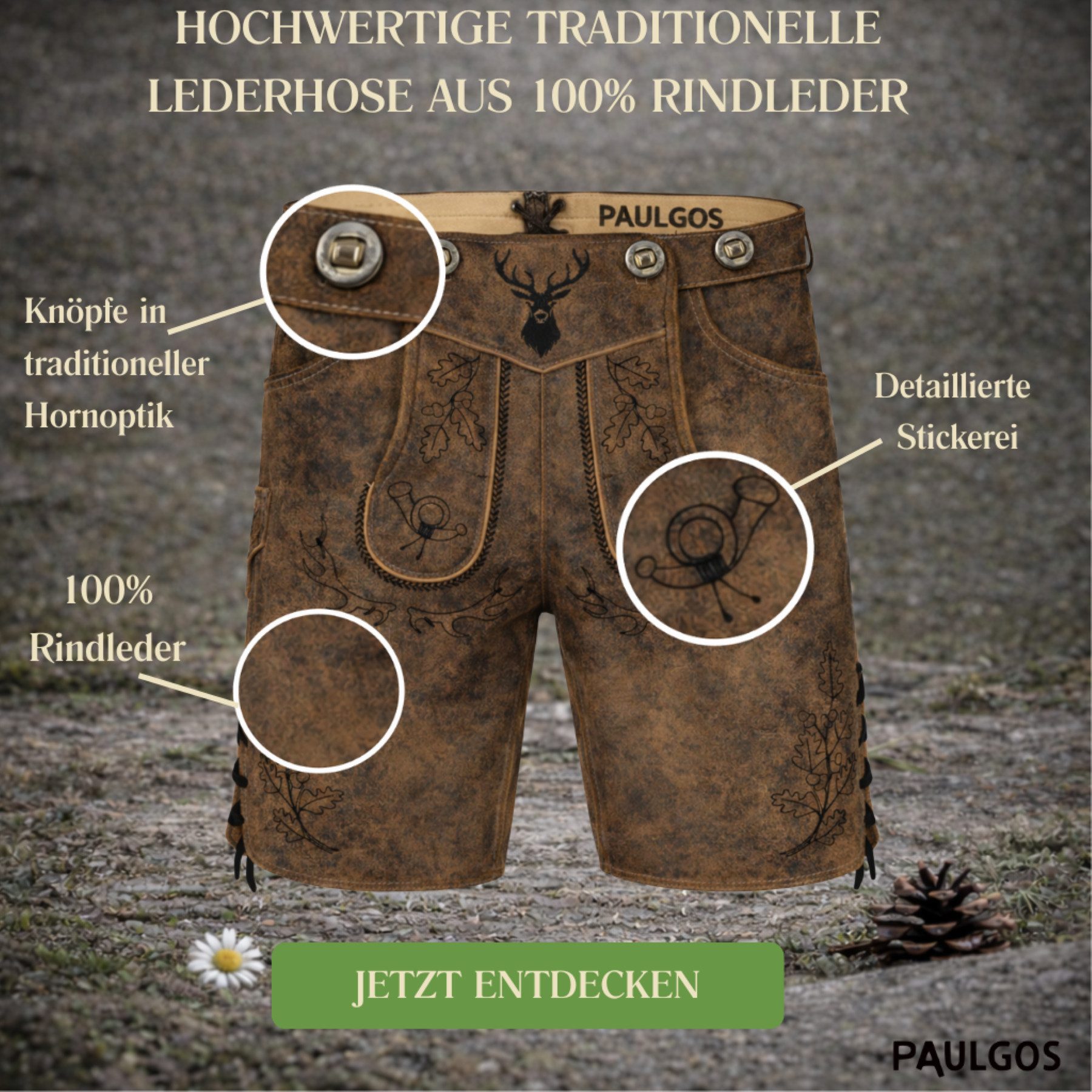 PAULGOS Trachtenhose Herren Lederhose Kurz mit Trägern 100% Echtleder - HK5 ANTIK
