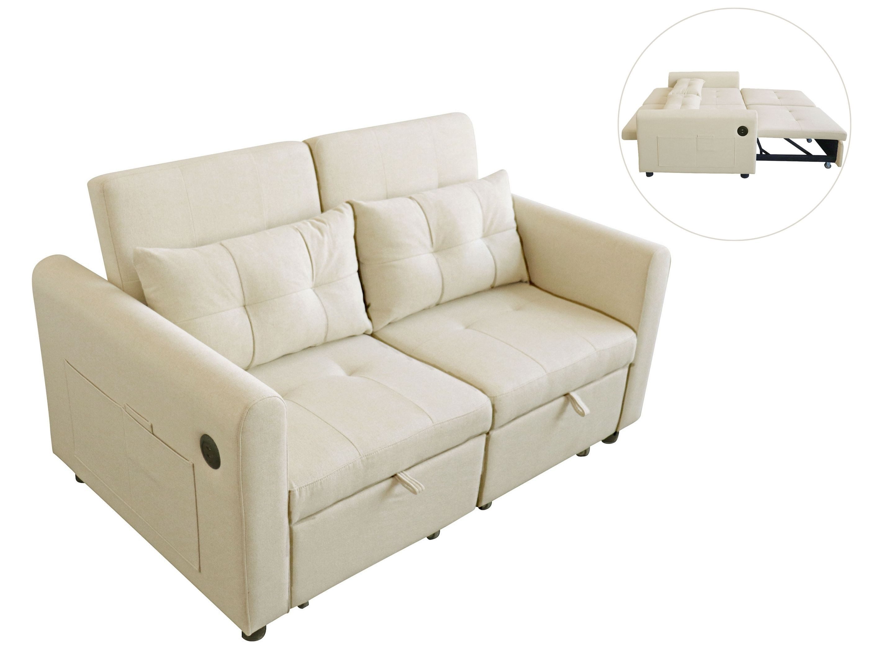 SeedWave Schlafsofa 2-Sitzer,3-fach verstellbarer Rückenlehne 120°/160°/180°,USB-Anschluss, Baumwoll-Leinenbezug, Kissen & Seitentaschen, modernes Design