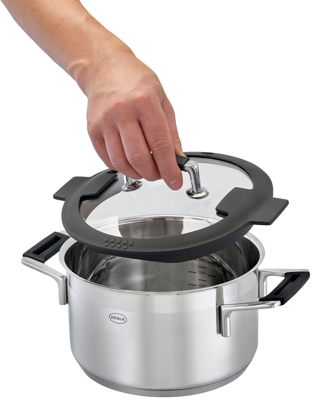 RÖSLE Topf-Set SILENCE PRO, Edelstahl 18/10 (Set, 5-tlg., 1 Kochtopf Ø 16/20/24 cm, 1 Bratentopf Ø 20 cm, 1 Kasserolle Ø 16 cm), Innenskalierung und Schüttrand, spülmaschinen- und induktionsgeeignet