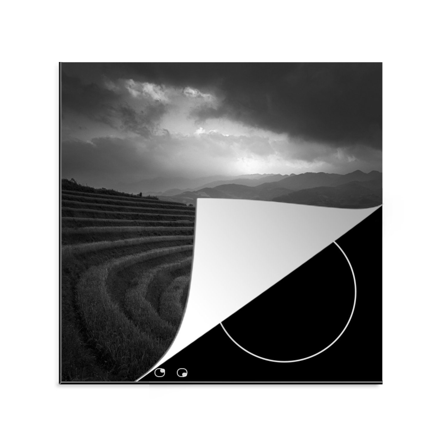 MuchoWow Herdblende-/Abdeckplatte Indonesien - Reis - Schwarz - Weiß, Vinyl, (1 tlg), 78x78 cm, Ceranfeldabdeckung, Arbeitsplatte für küche