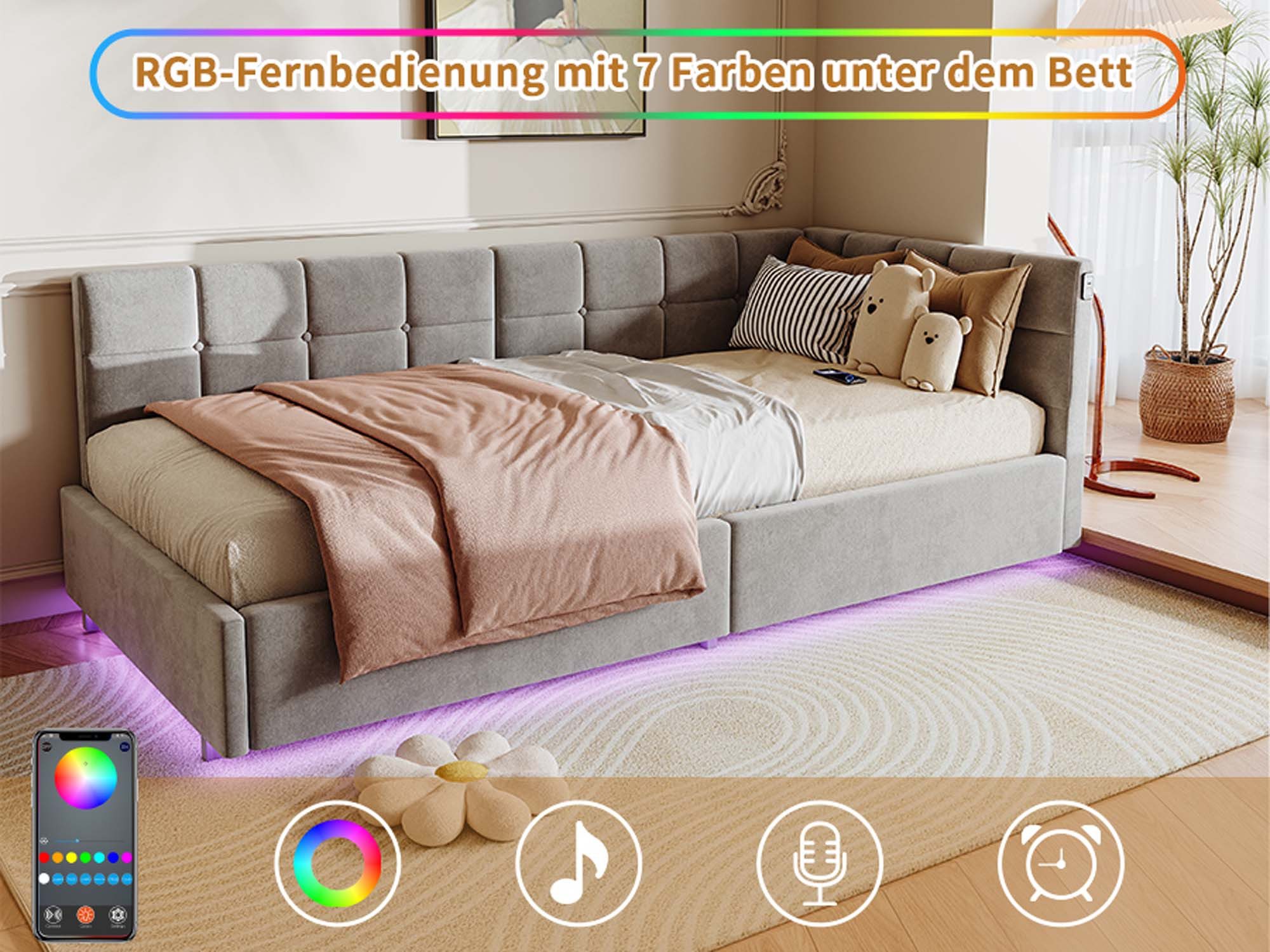zebery Polsterbett Daybett Tagesbett LED Einzelbett 90x200cm (Hydraulisch hebbarer Stauraumbett), Jugendbett mit USB & Type-C,Samt,Grau – Bild 4 von 5