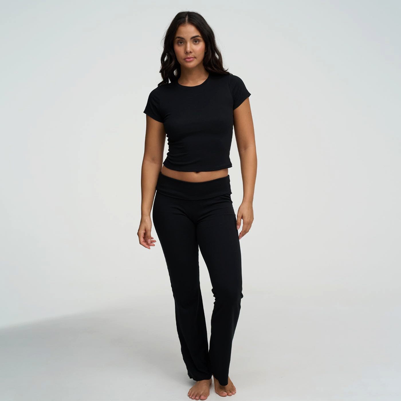 cfab (creamy fabrics) Loungehose Cotton Flared Bootcut Leggings-Schwarz-XL (1-tlg)