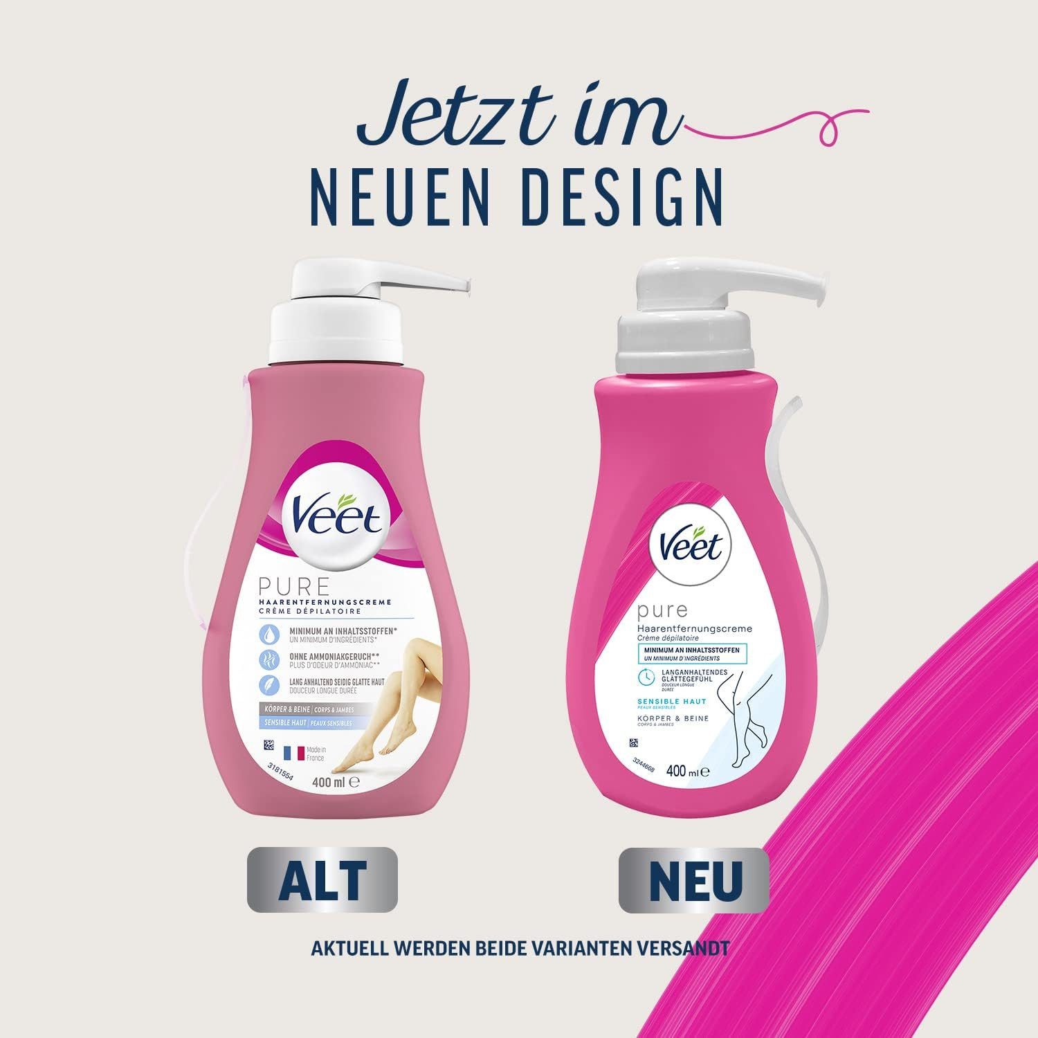 Veet Enthaarungscreme pure für Körper & Beine 400ml, 1 St., Haarentfernungscreme, für sensible Haut