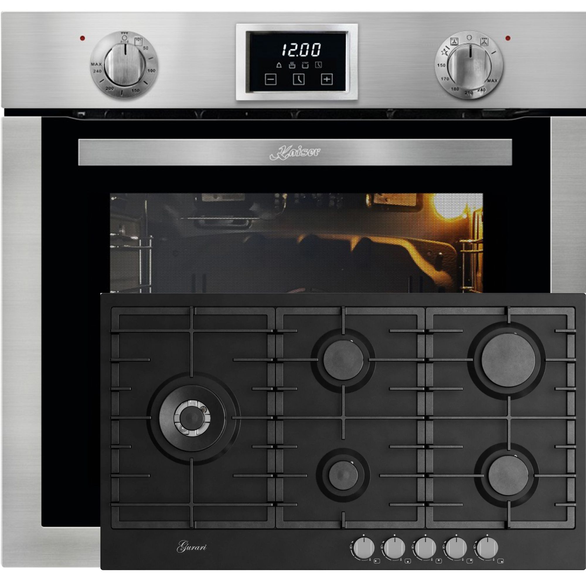 Kaiser Küchengeräte Backofen-Set Herd Set Autark Einbau Gasbackofen Autark, 79L, Grill, Drehspieß+Gaskochfeld 90 cm, Schwarz Emaliert, 4,0 kW WOK, 5 Gasbrenner,Erdgas, FL.Gas EG 6372+GCH FB 905 BL., mit 1-fach-Teleskopauszug