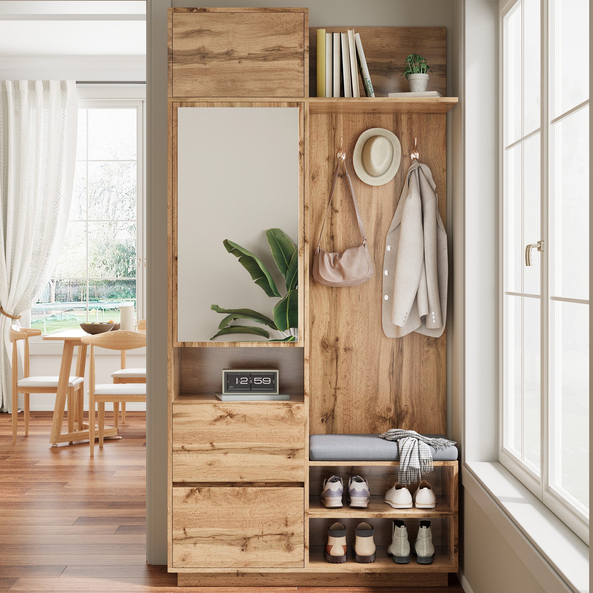 Merax Garderoben-Set 5-in-1 Kompaktgarderobe Scandi Garderobenkombination, (1-St., 90 L × 34,5 B × 190 H (cm), Flurgarderoben Set mit Spiegel Sitzbank Schuhregal Schubladen & Haken