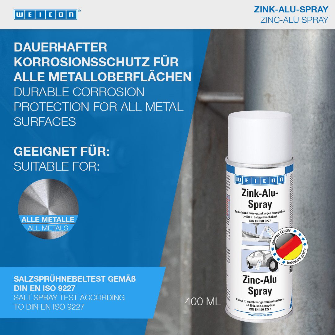 WEICON Rostschutzgrundierung Zink-Alu-Spray, Ausbessern beschädigter Verzinkungen, Dose, Verbrauch bei 1,5 Kreuzgang ~ 2 m², Pigmentreinheit ca. 99,5% Al / ca. 94,0% Zn