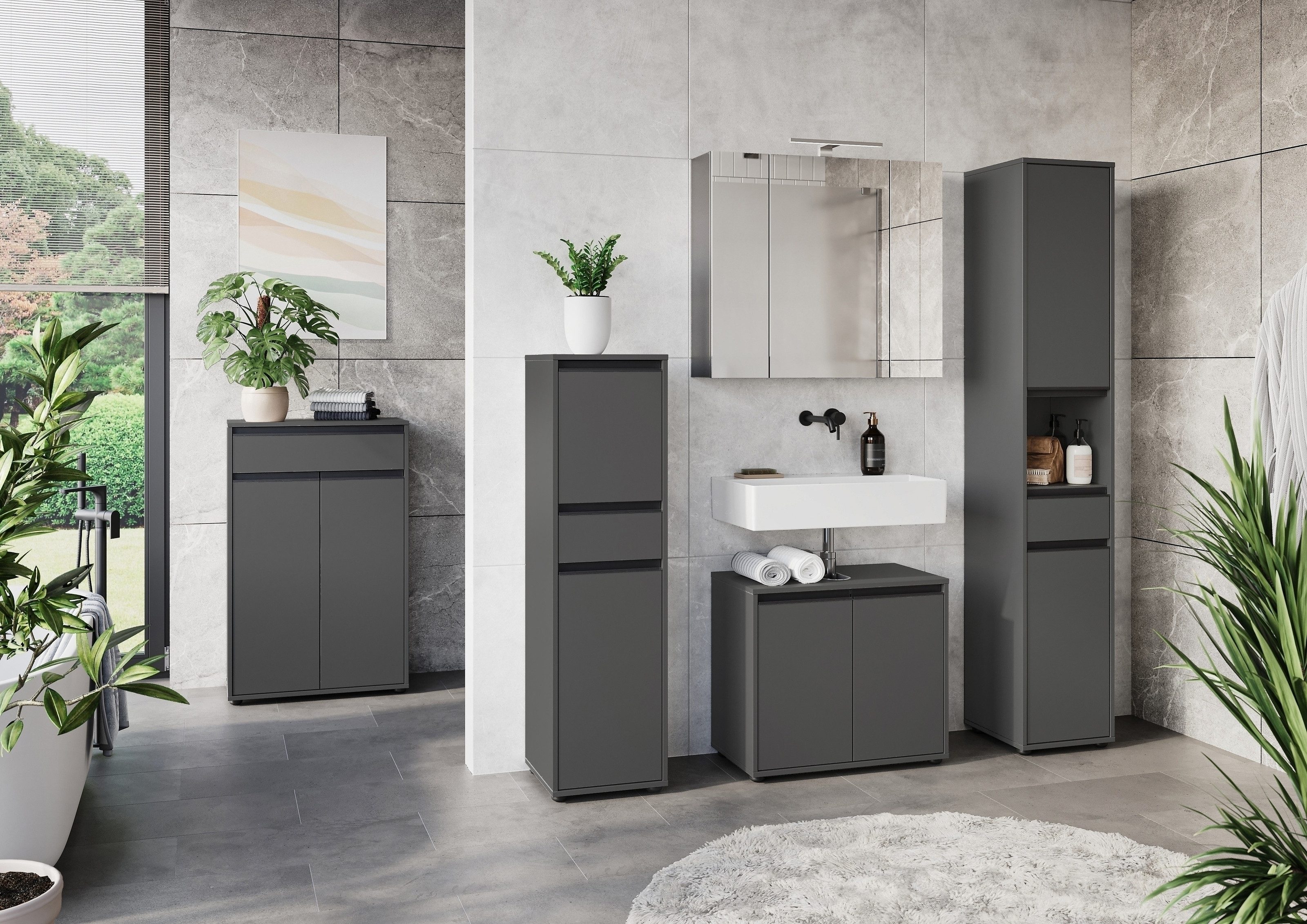 GERMANIA Seitenschrank 2 Türen, 1 Schublade, Dämpfung, Graphit - 33x121x34cm (BxHxT)