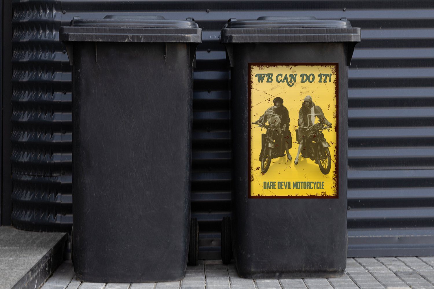 Container, MuchoWow Abfalbehälter Mülltonne, Sticker, St), Wandsticker Zeichnung Retro - - Mülleimer-aufkleber, - Motorrad Frauen (1