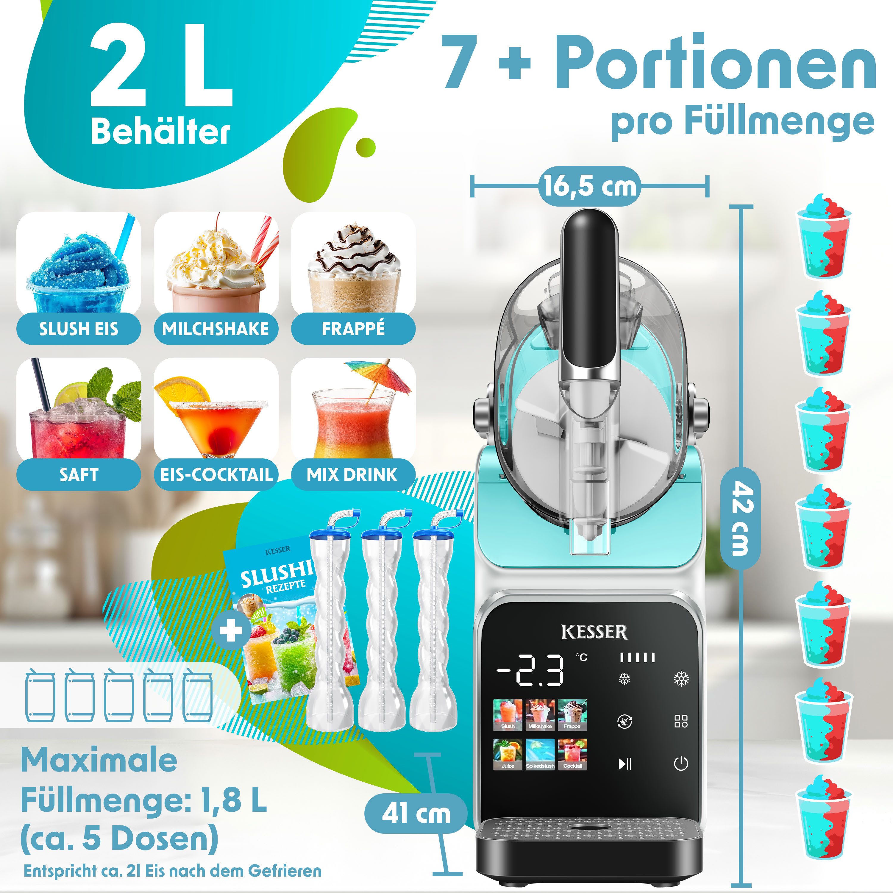 KESSER Slush-Eismaschine Slush Maschine für zu Hause Slushy Ice Maker in 25 min & 6 Programmen, 2 l, für Slush, Eis-Cocktails, Frappés, Milchshakes & gefrorenen Saft