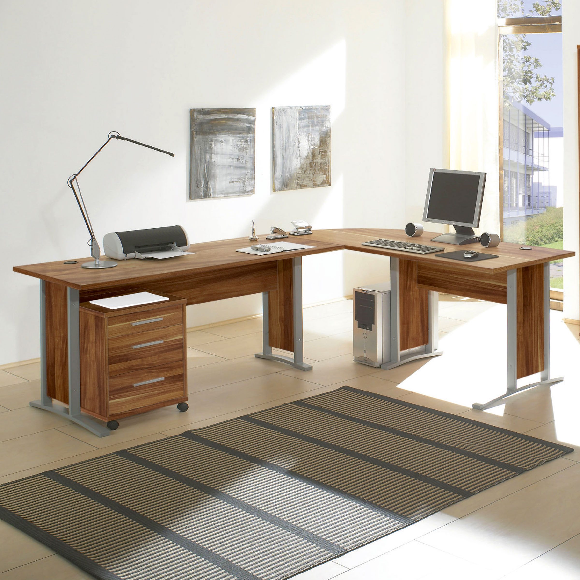 Bega Consult Eckschreibtisch Winkelschreibtisch mit Rollcontainer Büromöbel Office Line Walnnuss