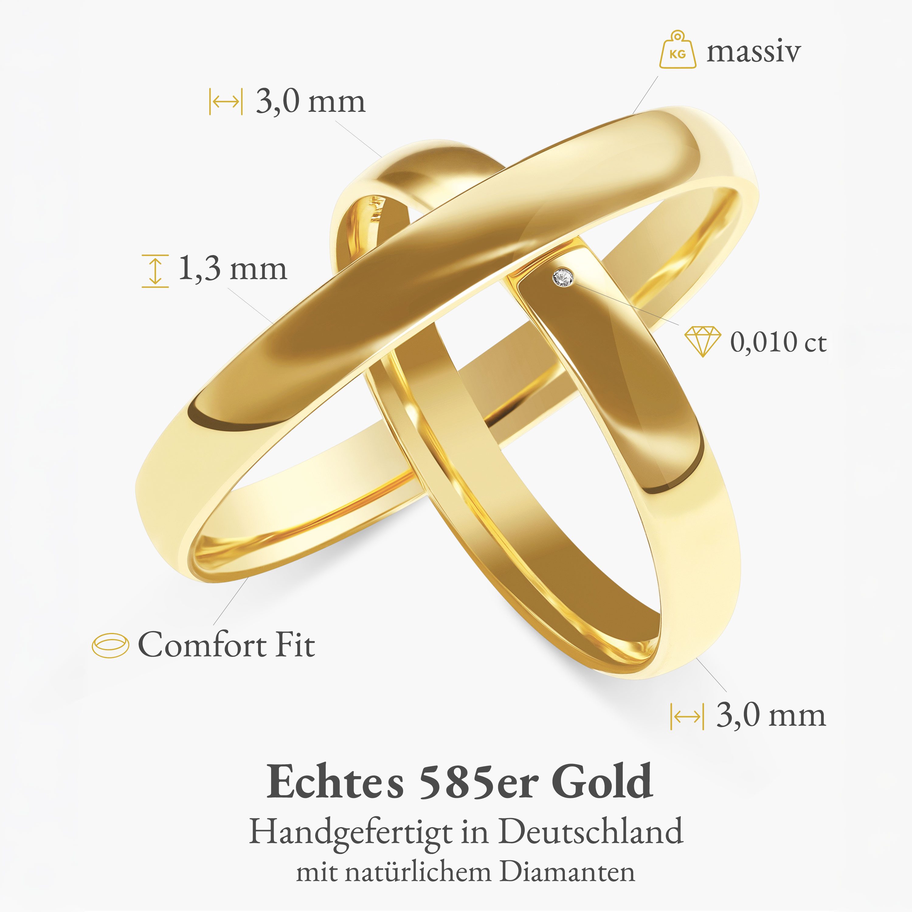 mosa & co. Trauring Paar Klassisch Gold 585 mit 3mm Breite & Diamant (Eheringe, 2-tlg., 2 Trauringe), mit Gravur