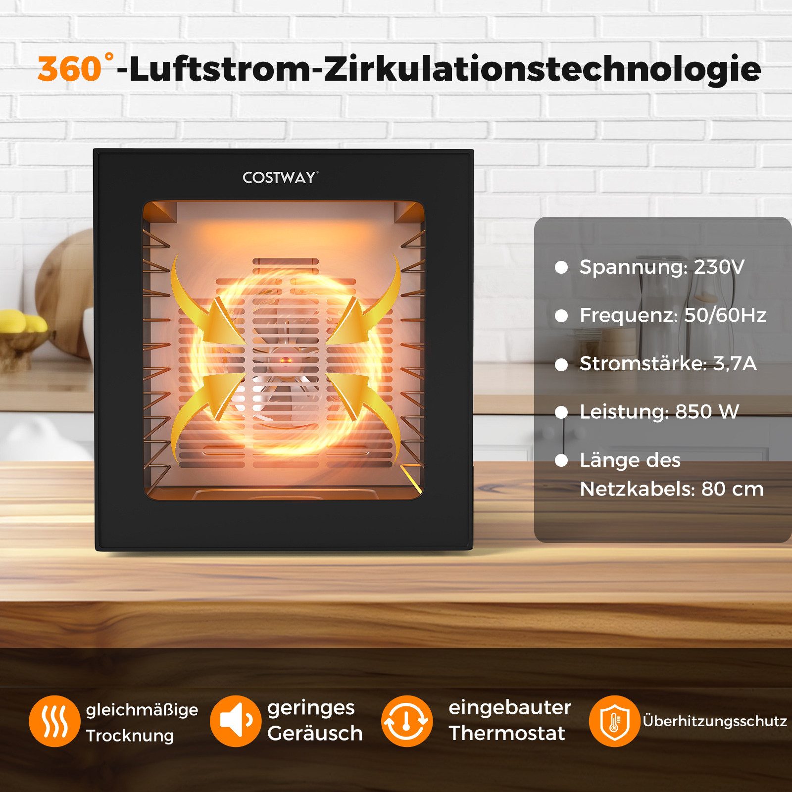 COSTWAY Dörrautomat 850 W, 10 Etagen, mit 10 Programmen & 48H Timer, 30-75℃