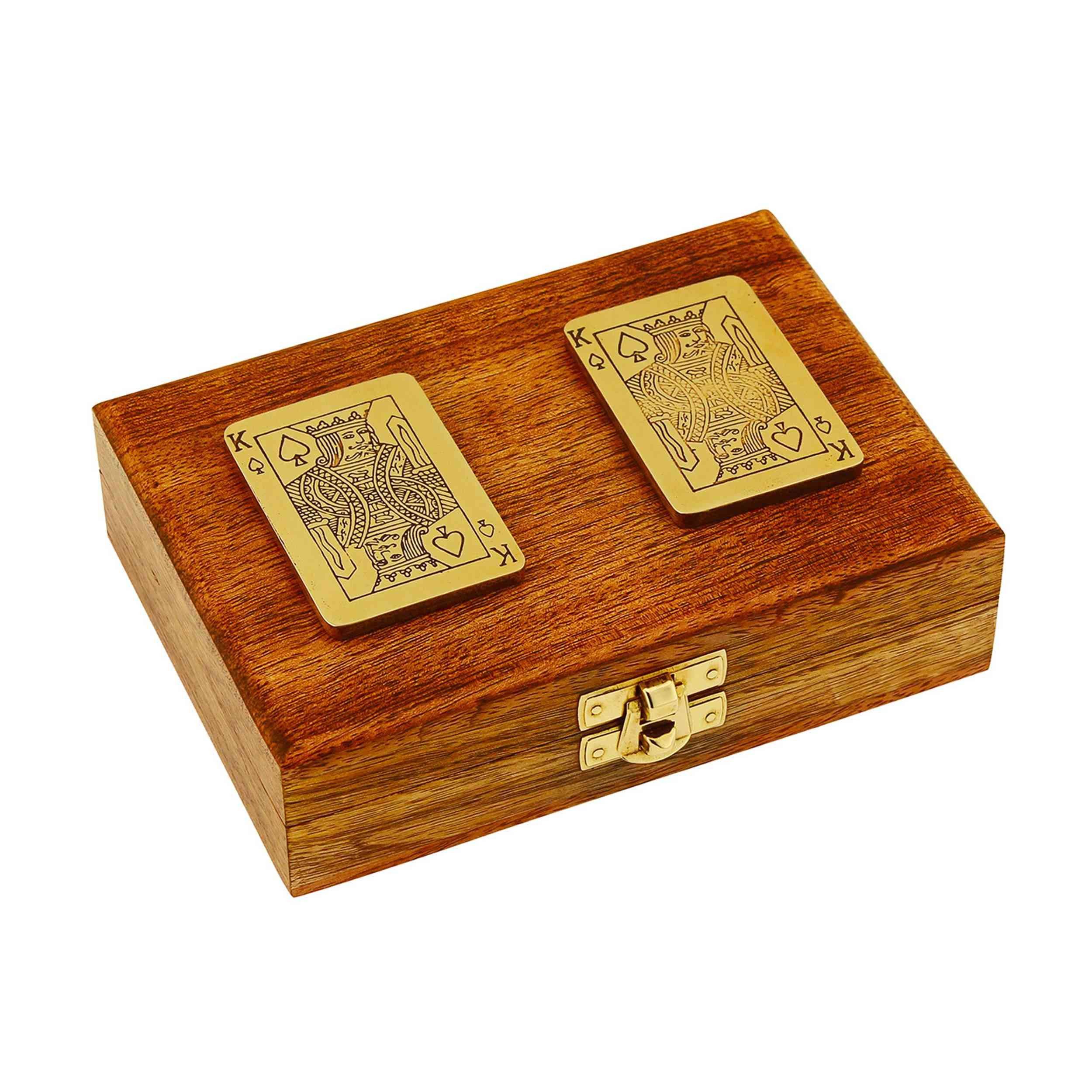 NKlaus Dekofigur Doppelte Spielkartenbox aus Mango-Holz und Messing 15x11x4,5cm 