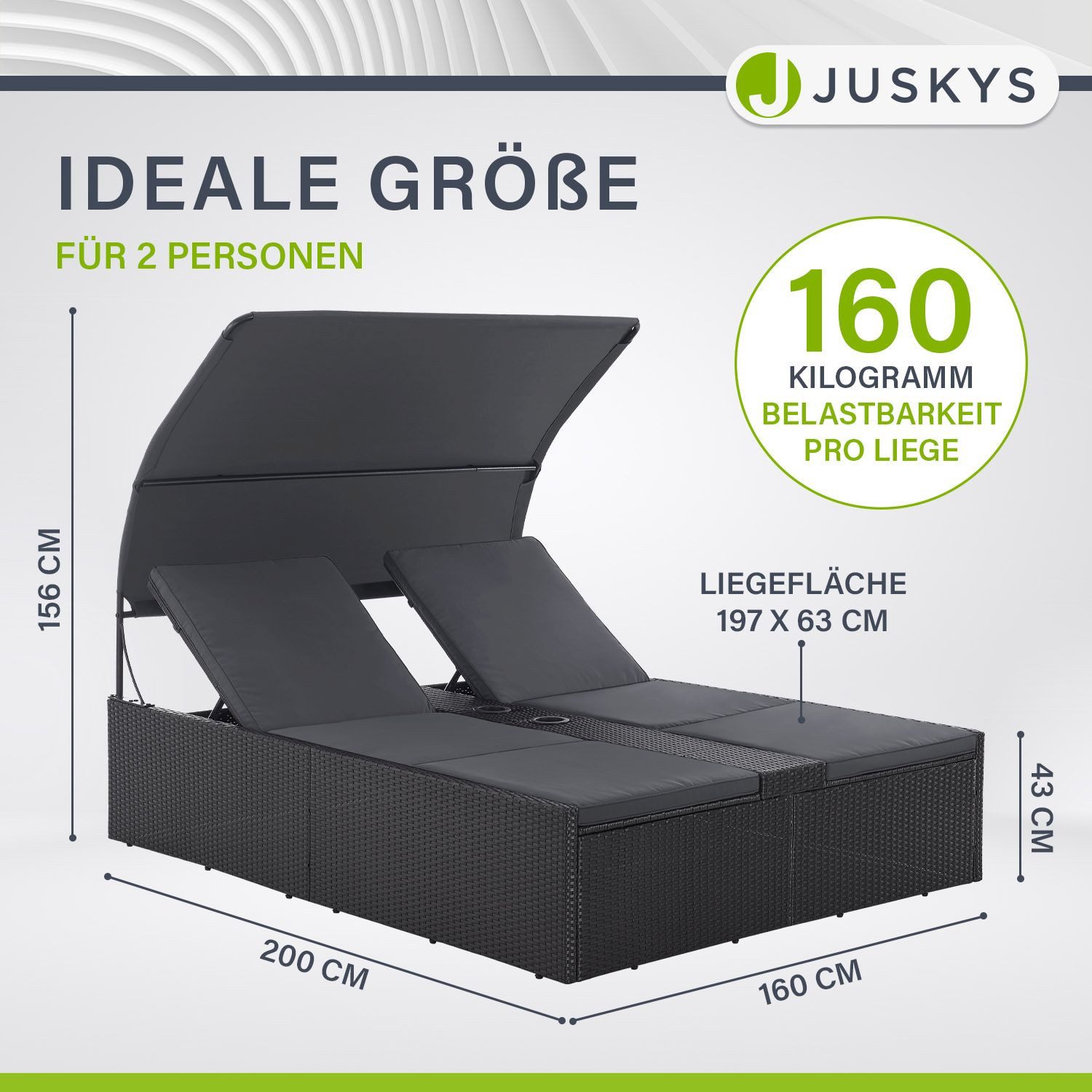 Juskys Doppelliege Syros, 2-Personen Polyrattan Sonnenliege mit Dach, Kopfteil verstellbar