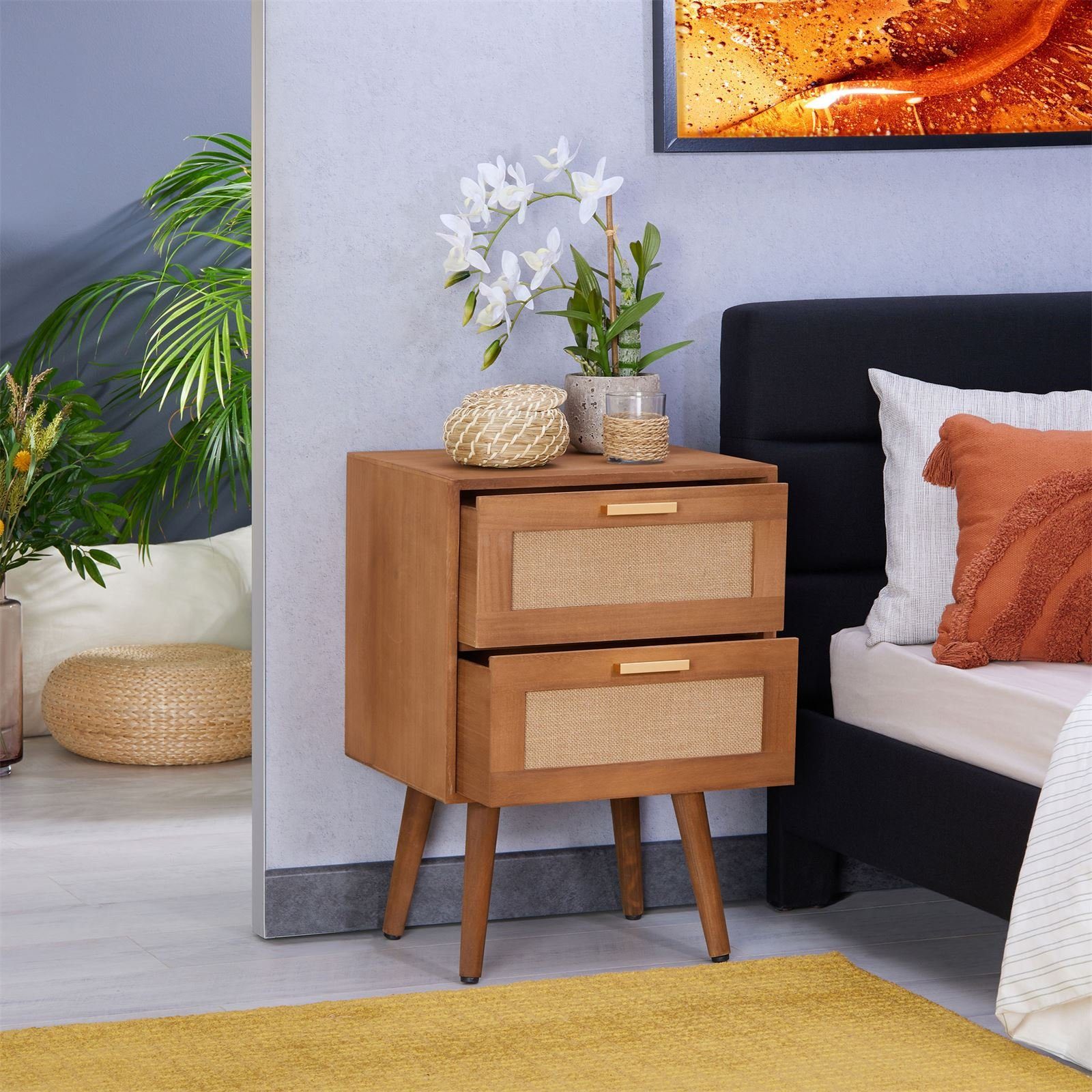 CARO-Möbel Nachtkommode WAMAN, Nachttisch Nachtkommode 2 Schubladen aus Holz und Jute Geflecht Boho