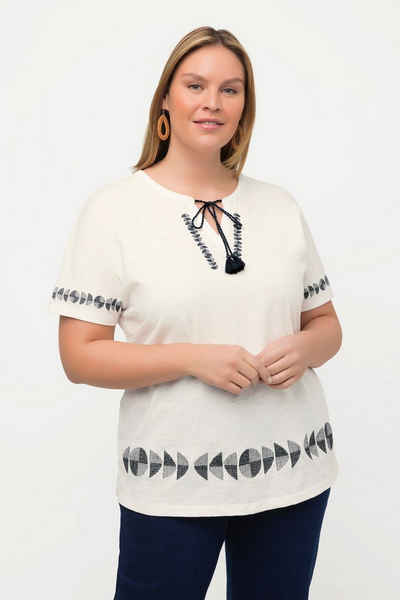 Ulla Popken Rundhalsshirt T-Shirt Stickerei Oversized Tunika-Ausschnitt