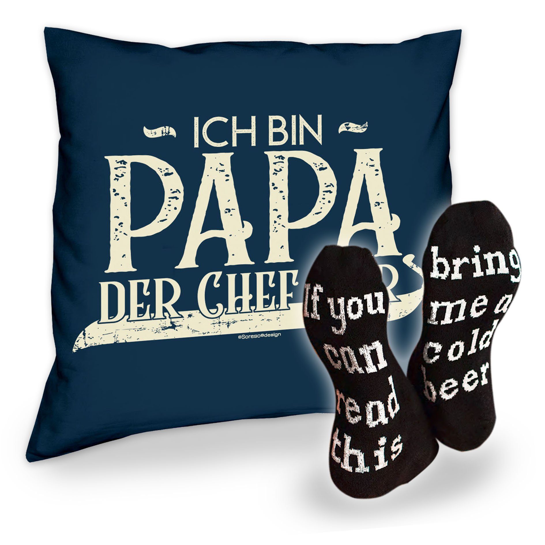 Soreso® Dekokissen Kissen Ich bin Papa der Chef hier und Socken mit Bier Spruch, Geschenk Weihnachten Geburstag Vatertag navy-blau