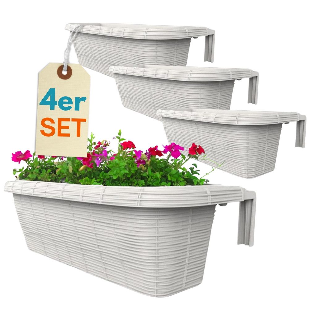 GarPet Balkonkasten 4er Set Blumen Kasten Balkon Geländer Wasserspeicher Rattan Weiß 60 cm