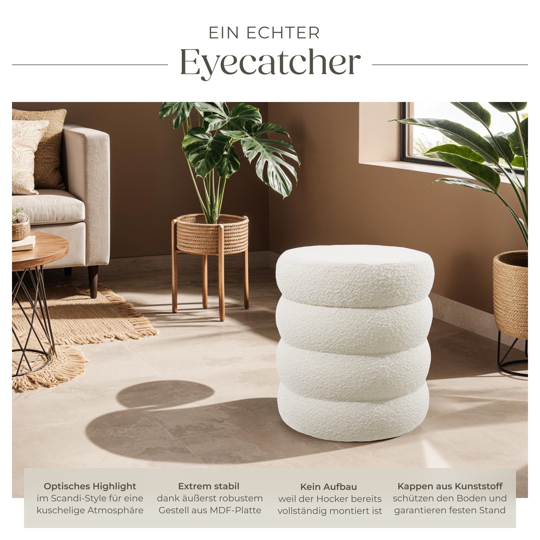 tectake Sitzhocker Schminkhocker Altu, gepolstert, Stauraum, 42 x 42 x 47 cm (rund, 1-St. Bouclé creme-weiß), weicher, pflegeleichter Bezug, Belastbarkeit 120 kg