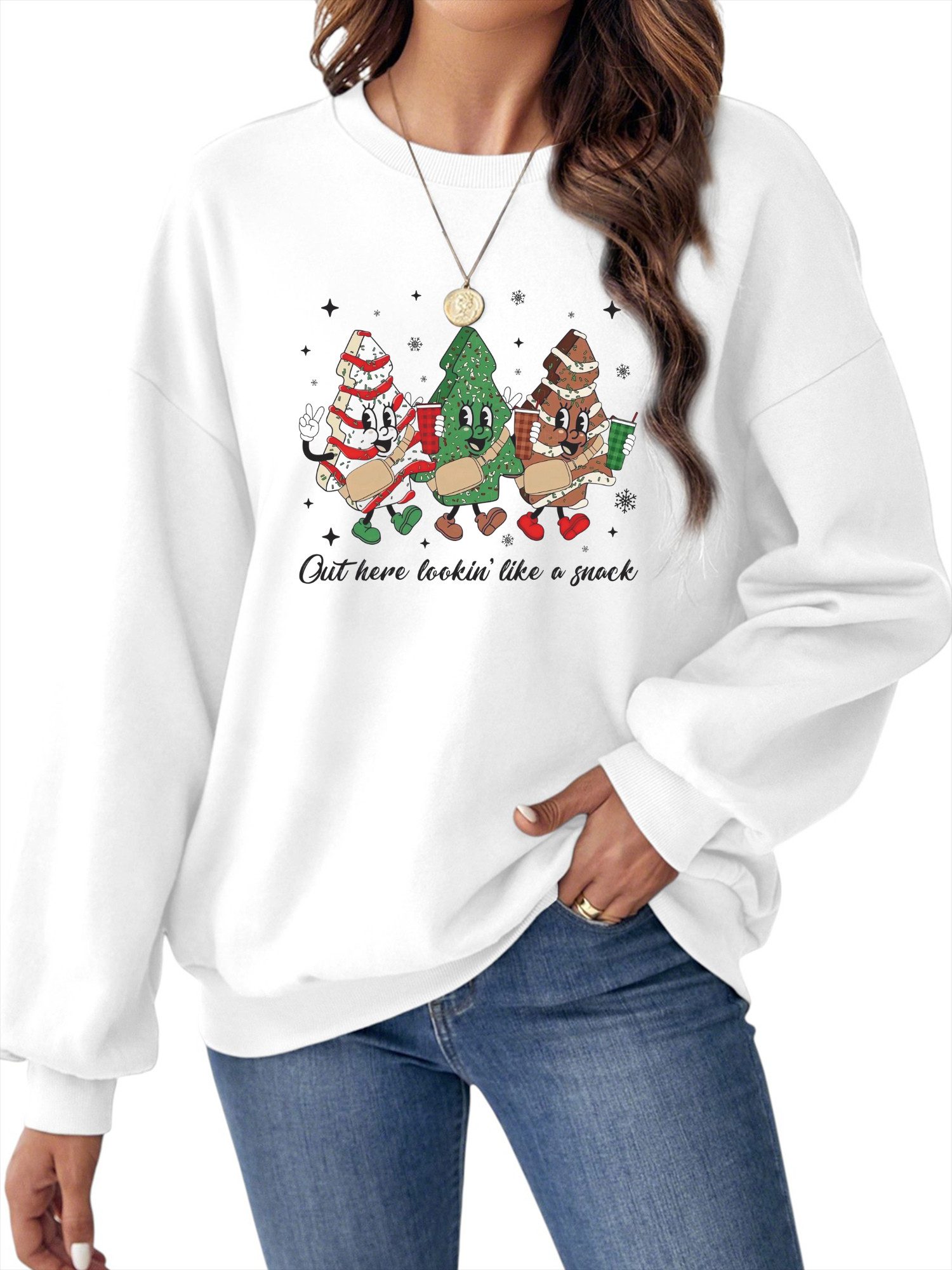 Rundhalspullover Damen Rundhalsausschnitt mit Weihnachtsbaum-Cartoon Print