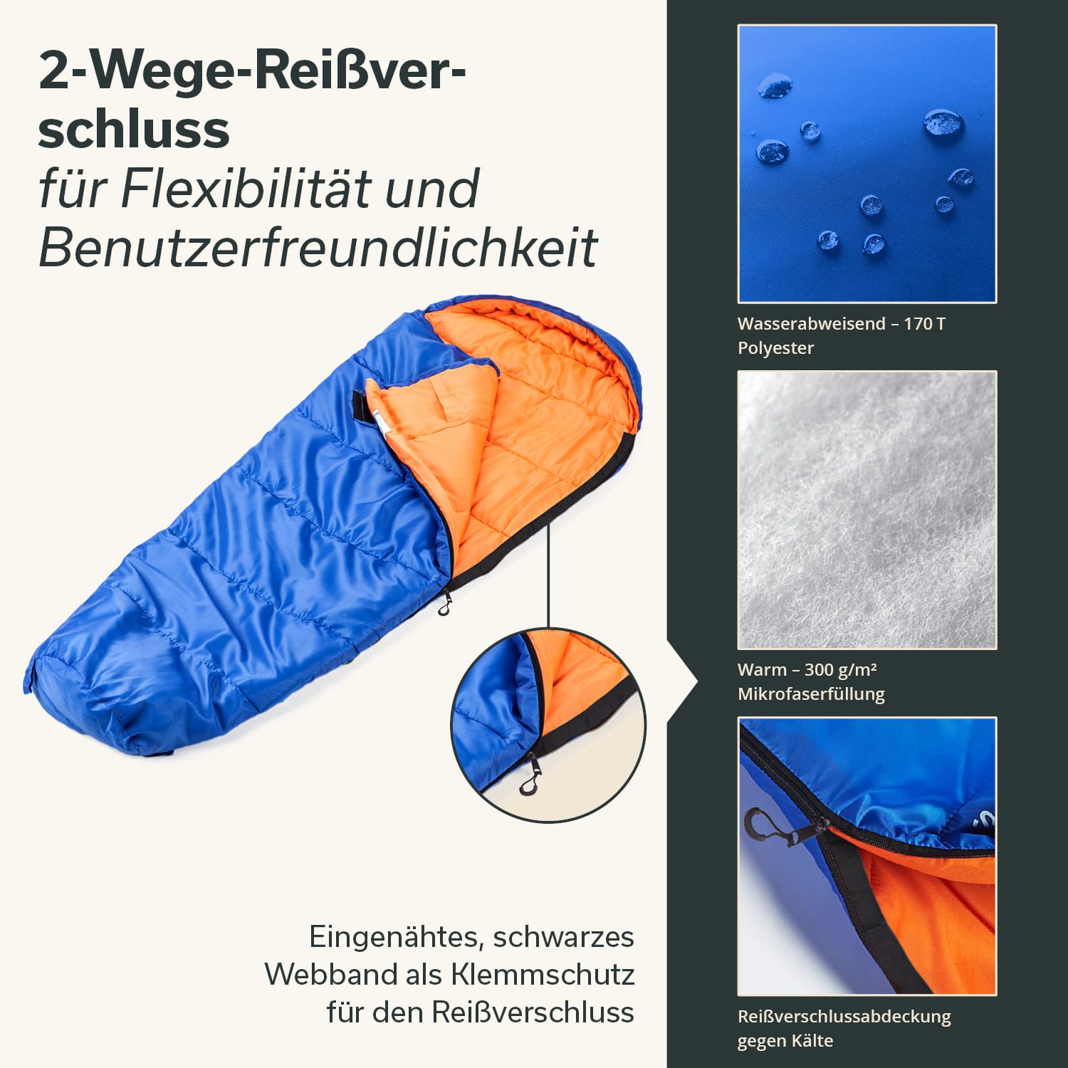 Skandika Kinderschlafsack Vegas Junior, Polycotton, 2-Wege Reißverschluss, Innentasche mit Klett (Kapuze/Kopfteil mit Kordel, Reißverschlussabdeckung mit Klett), weiches Innenfutter, wasserabweisend, kompakt, 12 bis 3°C, 170 x 70 cm