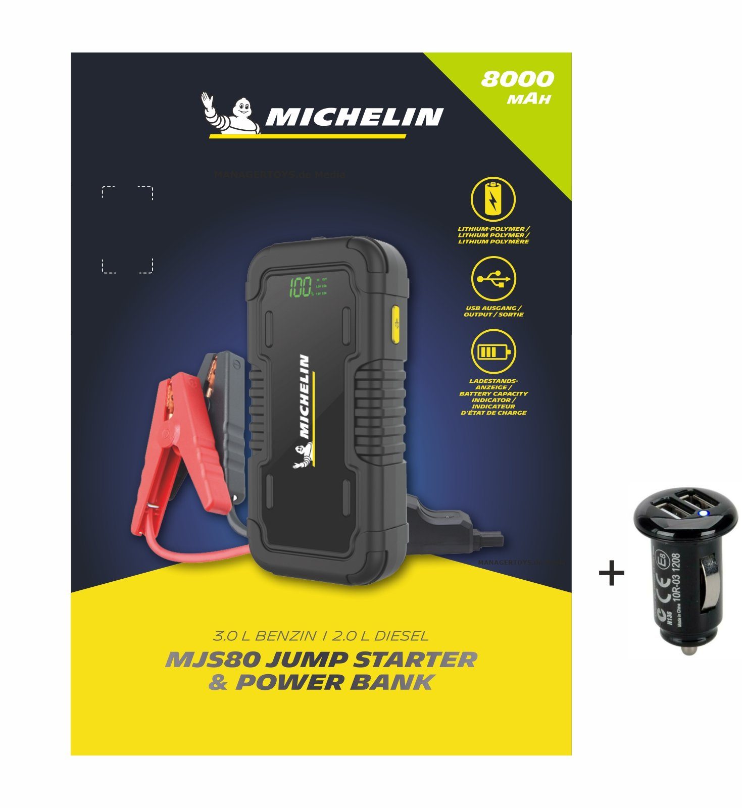 Auto Jump Starter Powerbank 8000 mAh Ladegerät + Lader MJS80 Akku Starthilfekabel