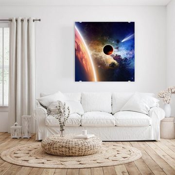 Primedeco Glasbild Wandbild Quadratisch Kometen und Planeten mit Aufhängung, Weltall