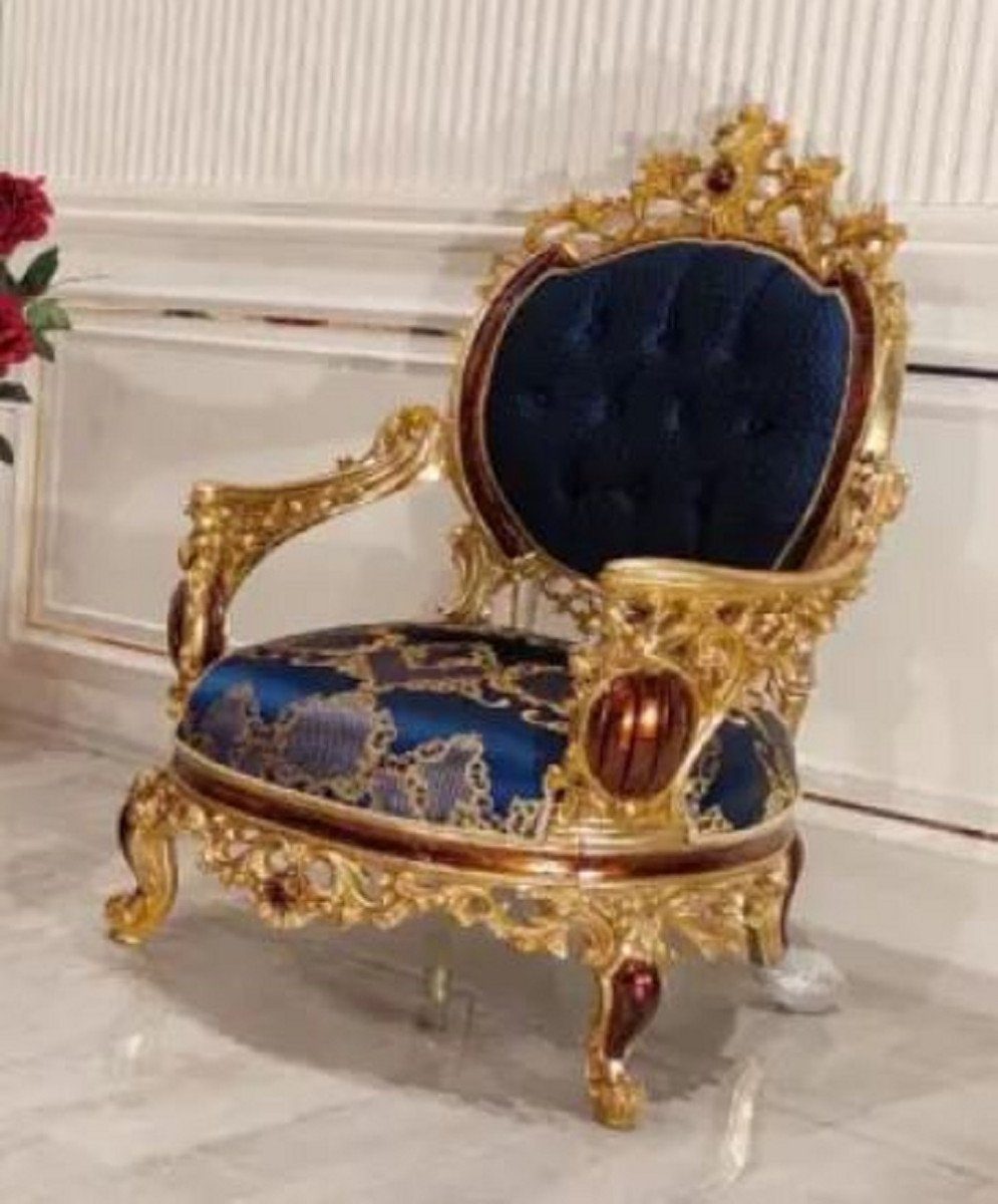 Sessel Barock / Wohnzimmer Blau Braun elegantem mit Prunkvoller - Sessel Gold / Barock Wohnzimmer Padrino Muster - Sessel Luxus Casa Möbel
