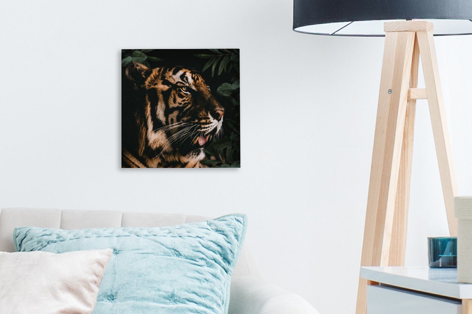Leinwand St), für - Bilder Wohnzimmer - Tier, OneMillionCanvasses® Tiger (1 Schlafzimmer Blätter Leinwandbild