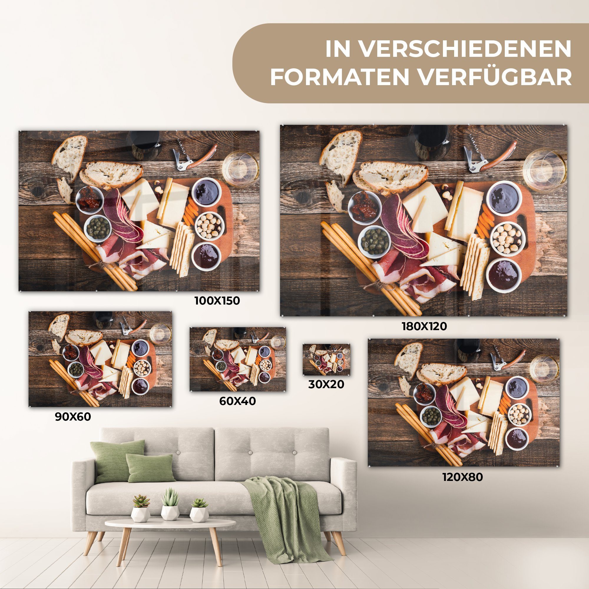 MuchoWow Acrylglasbild St), (1 Acrylglasbilder Wohnzimmer & Fleisch, und Schlafzimmer Käse Schneidebrett mit