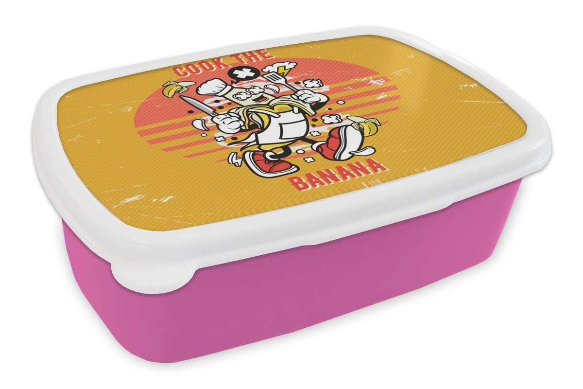 MuchoWow Lunchbox Vintage - Banane - Schürze, Kunststoff, (2-tlg), Brotbox für Erwachsene, Brotdose Kinder, Snackbox, Mädchen, Kunststoff rosa