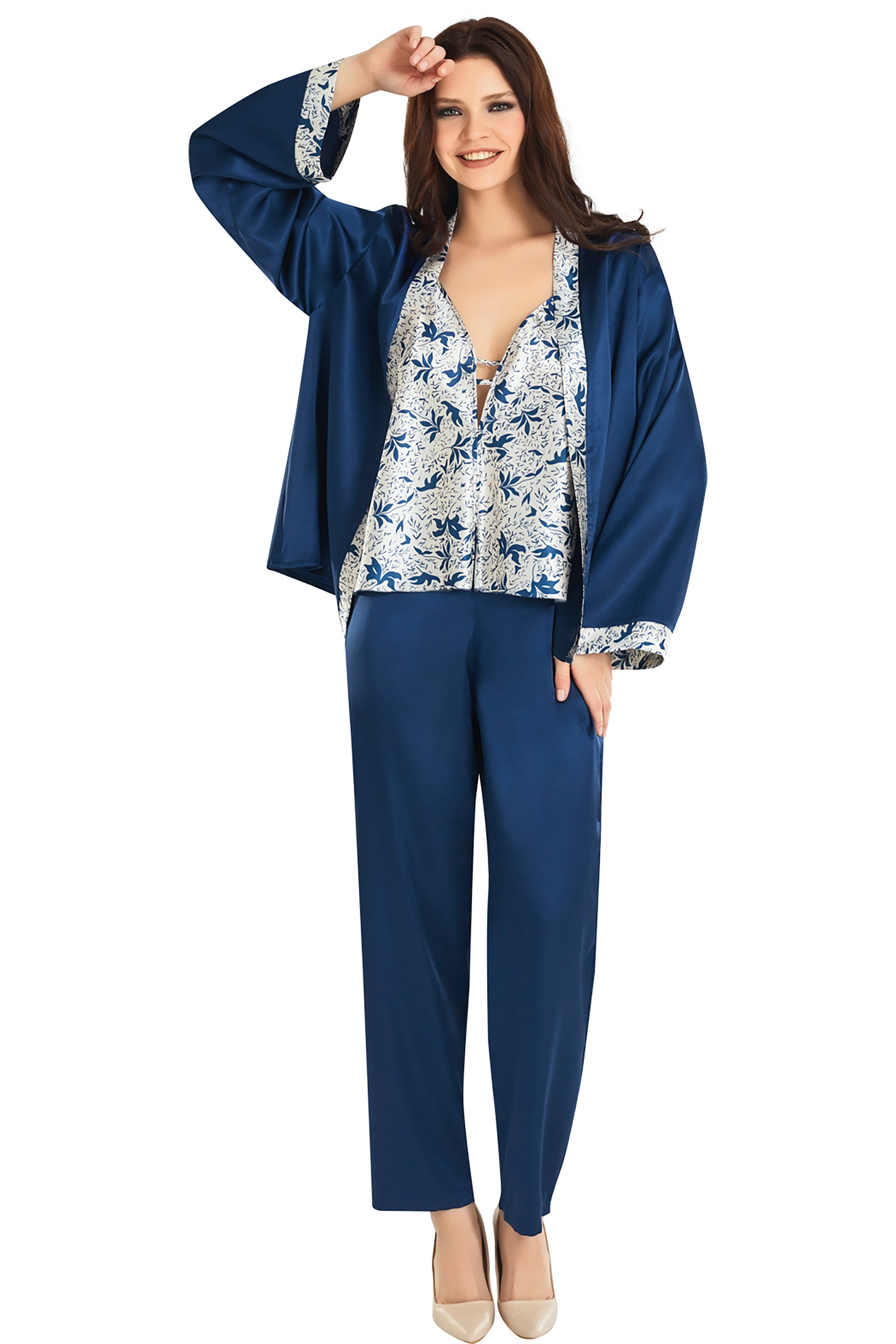 Capri-Pyjama Damen-Satin-Pyjama-Set, 3-tlg: Top, Hose, dunkelblauer Kimono