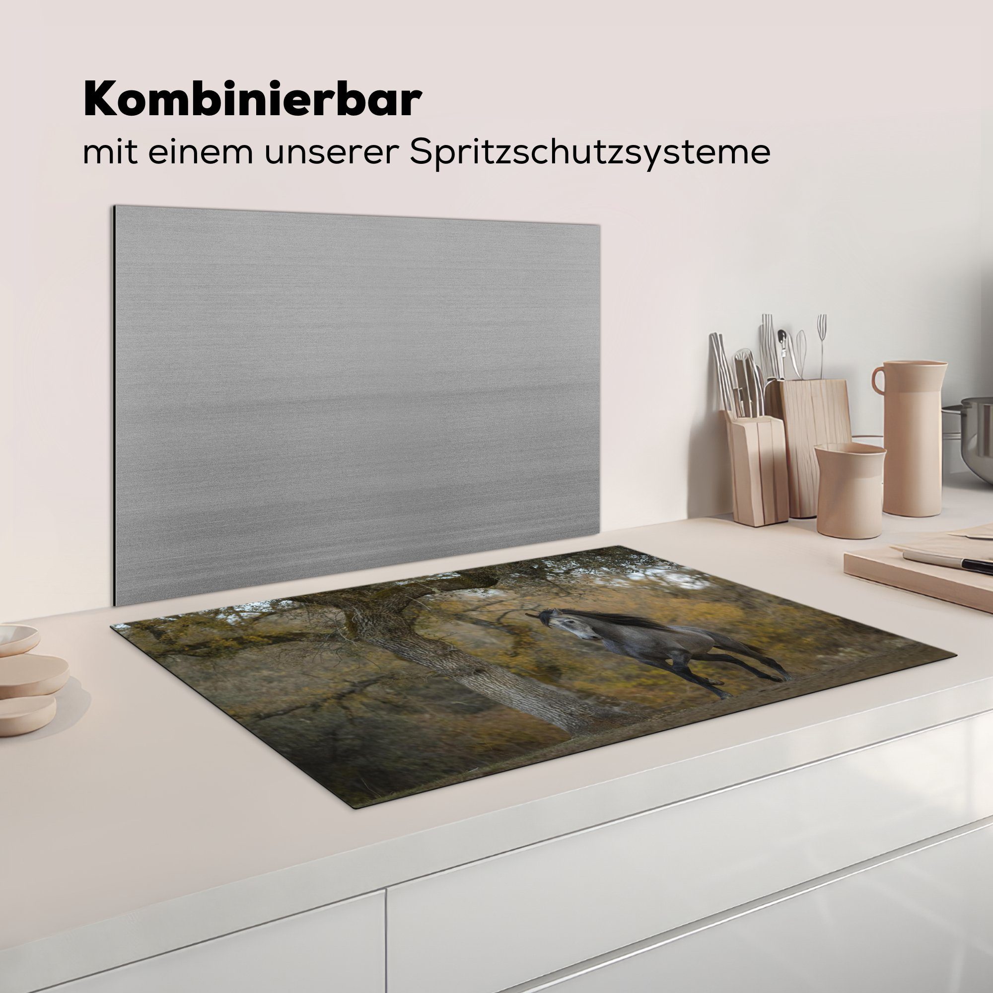 küche, 81x52 Herbst Induktionskochfeld cm, MuchoWow - - (1 Pferd Schutz tlg), Vinyl, die Herdblende-/Abdeckplatte - Andalusier, für Ceranfeldabdeckung Baum