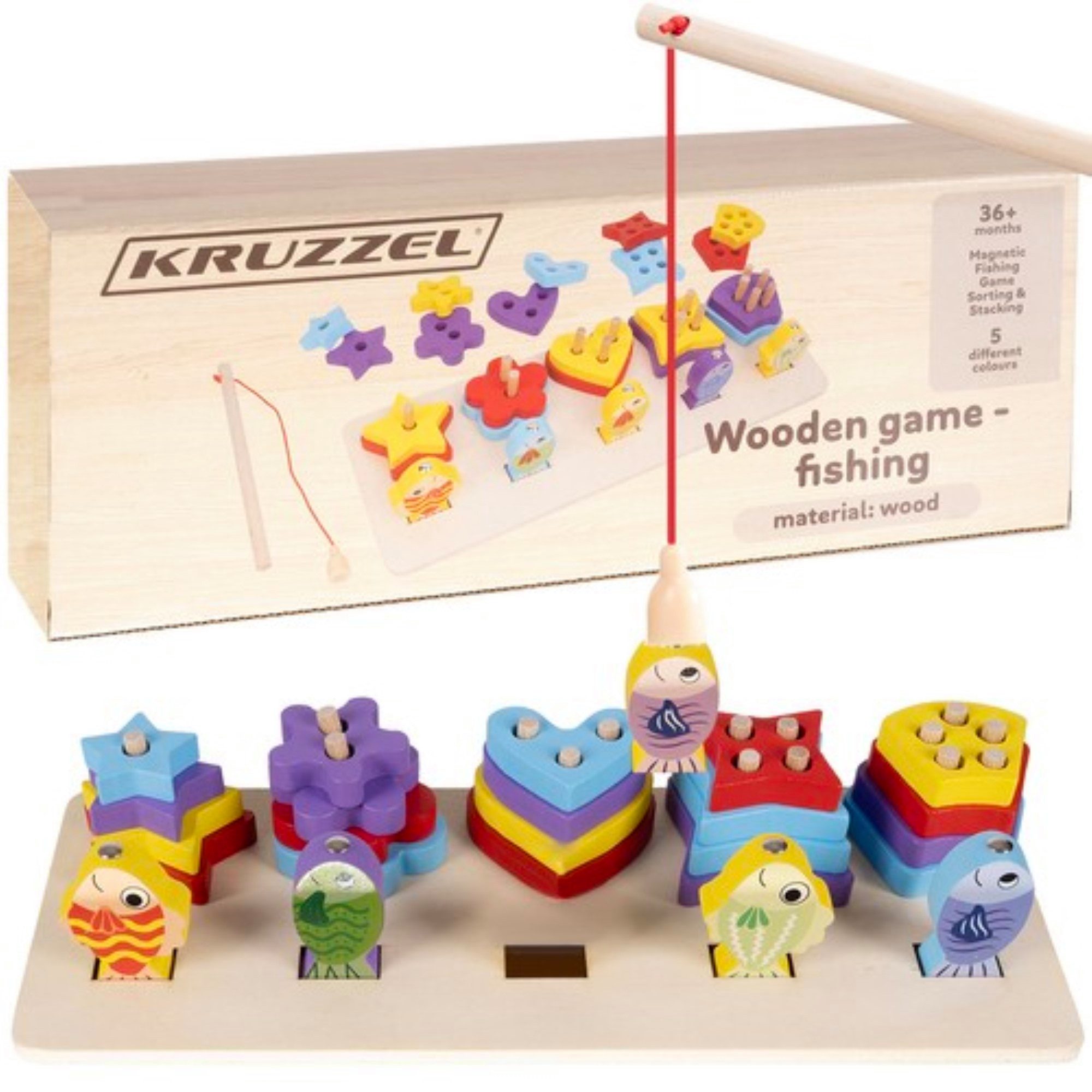 KRUZZEL Lernspielzeug Formen & Fische: Kombinierter Sortierer und Angelspaß (Holzspielzeug-Set: Formensortierer und Angelspiel, Holzsortierer + Angelspiel: Spaß und Lernen für Kinder), Sortierer aus Holz mit Angelspiel für Spielspaß und Entwicklung.