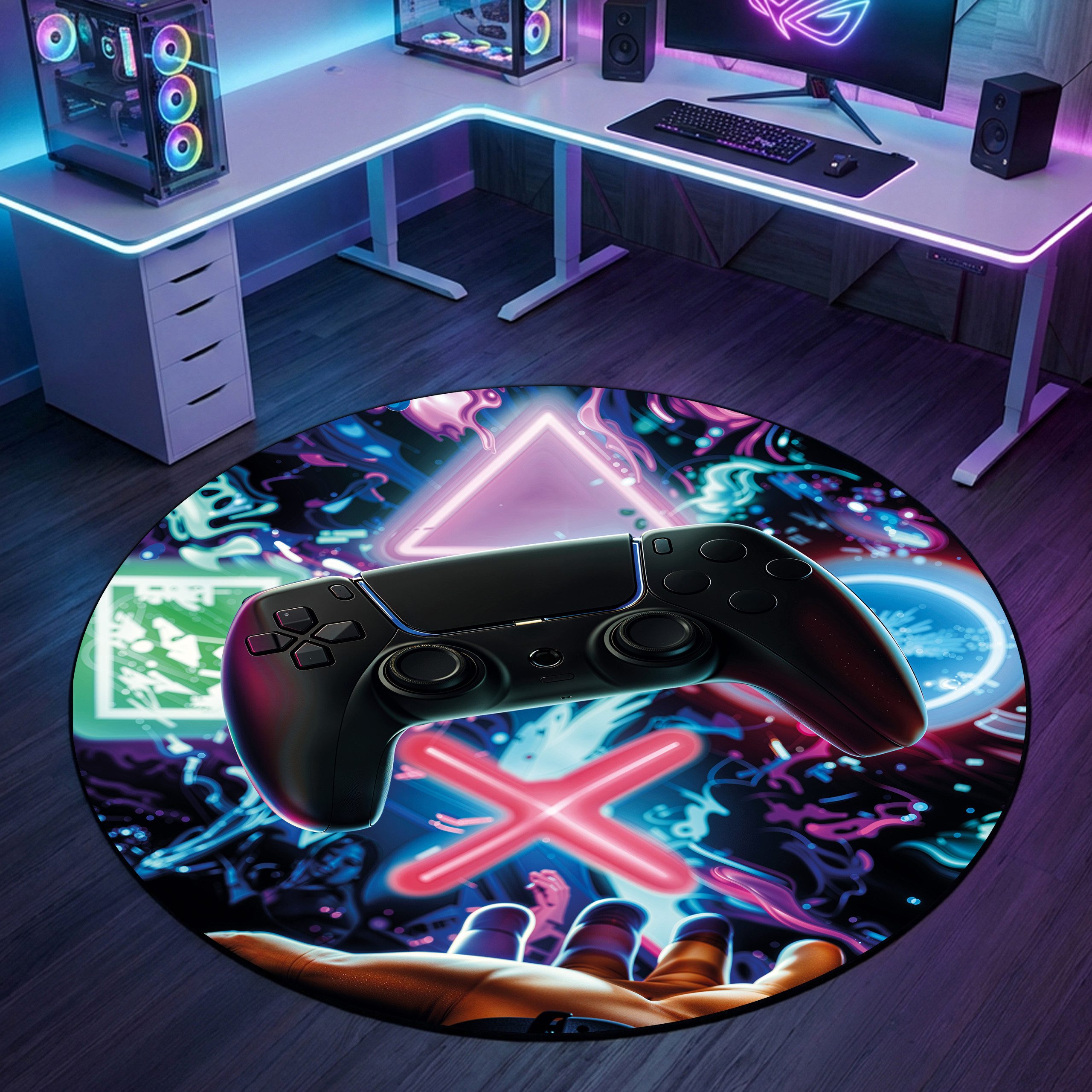 Carpetia Designteppich Gaming Style, rund, Höhe: 5 mm, mit grafischen Gaming-Motiven in Neon-Optik