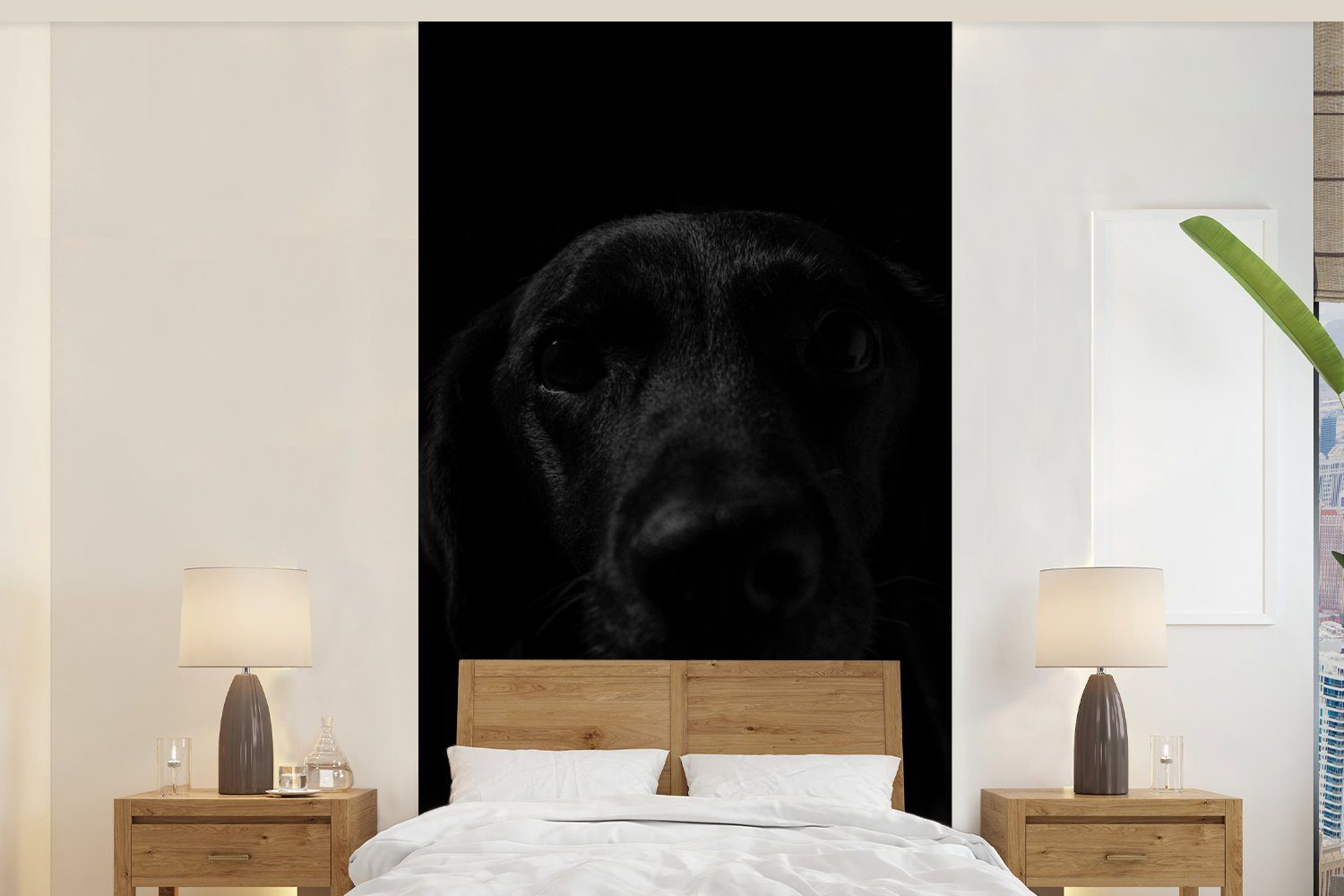 MuchoWow Fototapete Hund - Haustier - Schwarz, Matt, bedruckt, (2 St), Vliestapete für Wohnzimmer Schlafzimmer Küche, Fototapete
