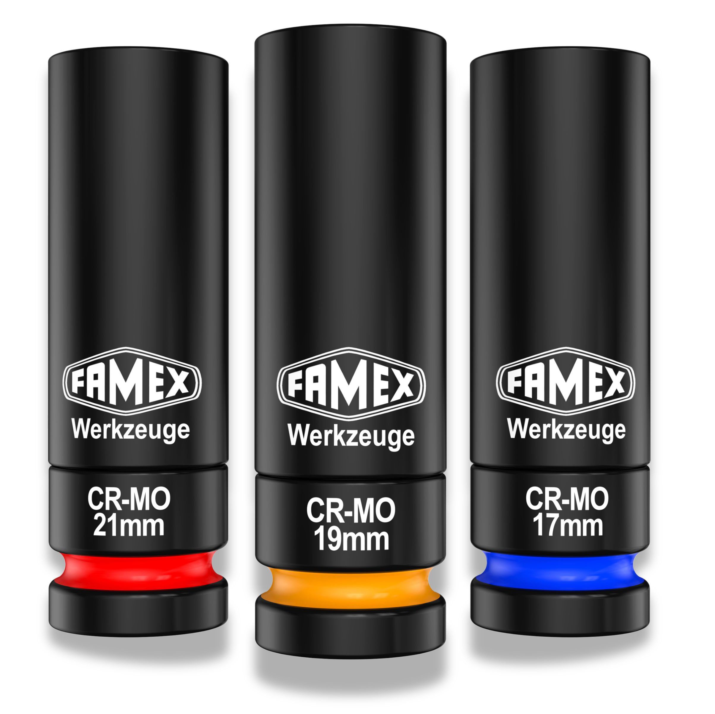FAMEX Steckschlüssel 10807 Profi Schoneinsätze 17-21mm (Stecknuss, Kraft, Radnüsse, 3 St., Chrom-Molybdän-Stahl, äußert robust), Radmutterneinsätze, Chom-Molybdän