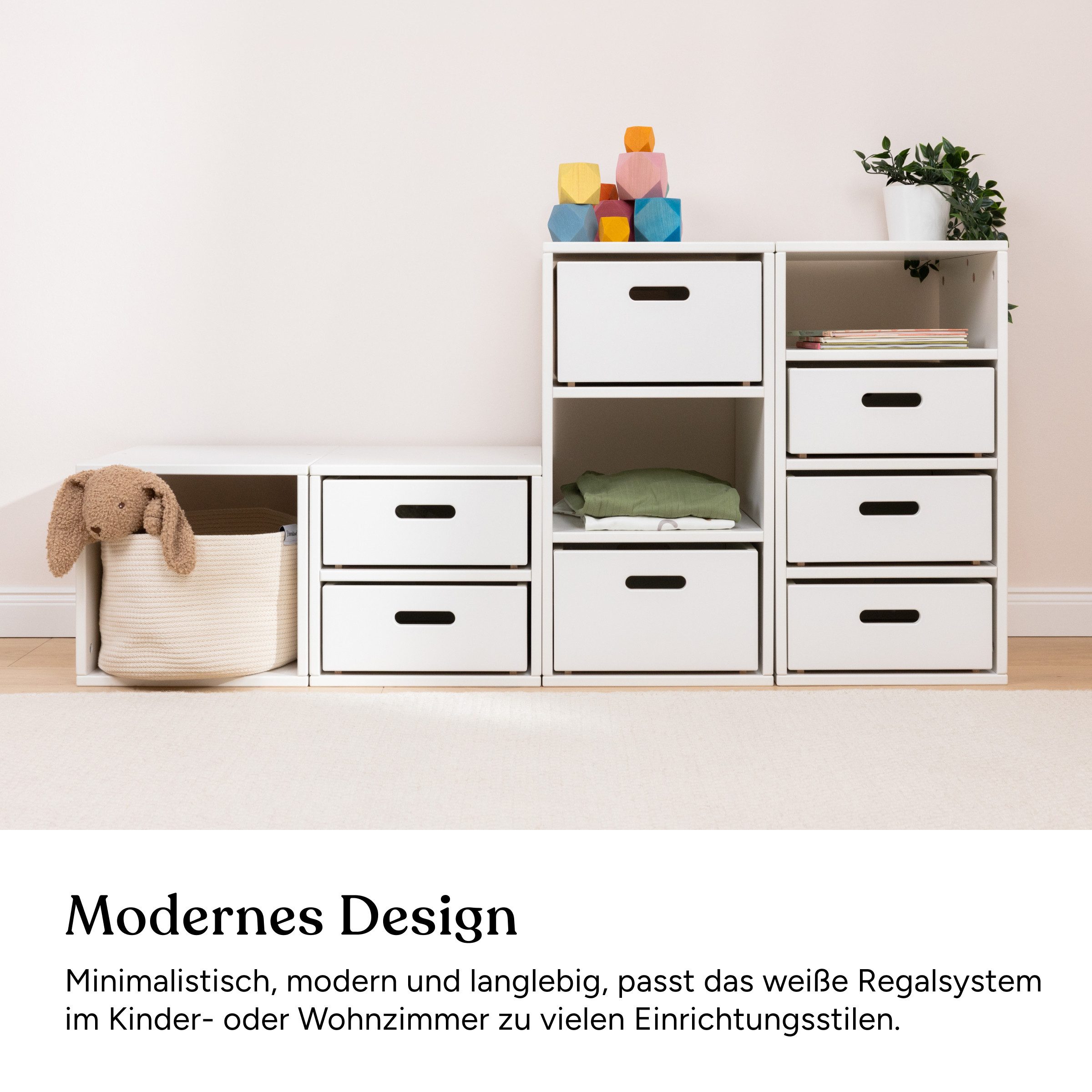 Ehrenkind Kinderregal Aufbewahrungssystem, Regalsystem modular, Groß 63 cm − 3 Fächer Weiß Ohne Boxen, Offener Stauraum für selbstständiges Aufräumen