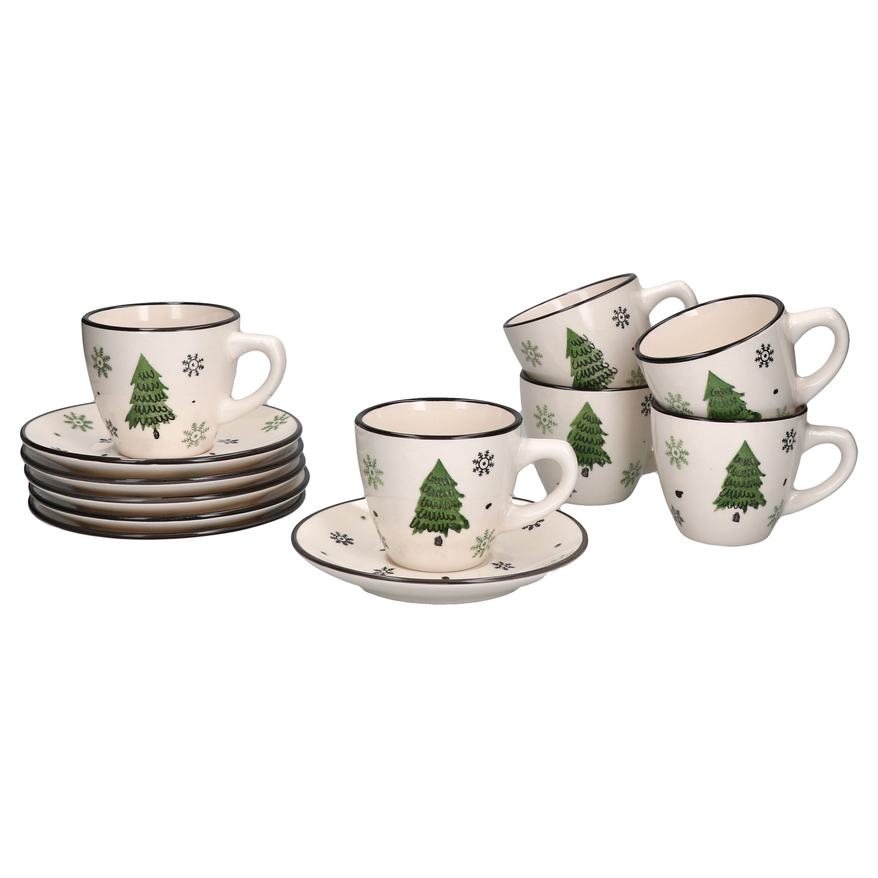 Tasse Weihnachtsbaum Kaffeetassen mit Untertassen für 6 Personen Steingut