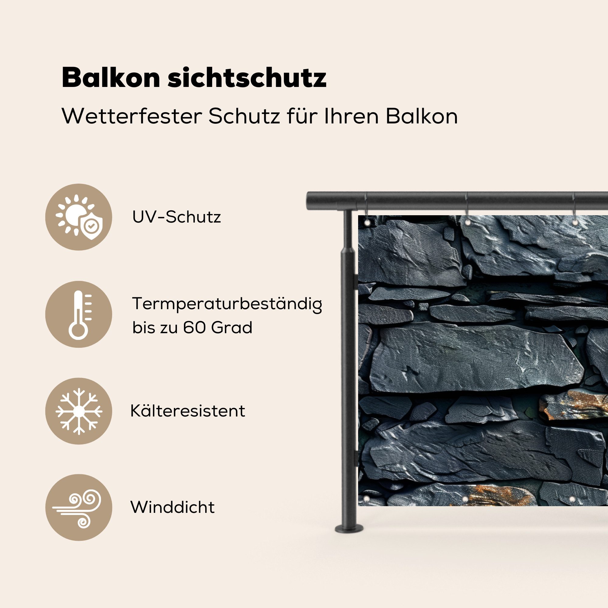 MuchoWow Balkonsichtschutz Steine - Steinoptik - Anthrazit - Grau (1-St) Balkon Sichtschutz 90x200, Windschutz für Zaun PVC, 200x90 cm