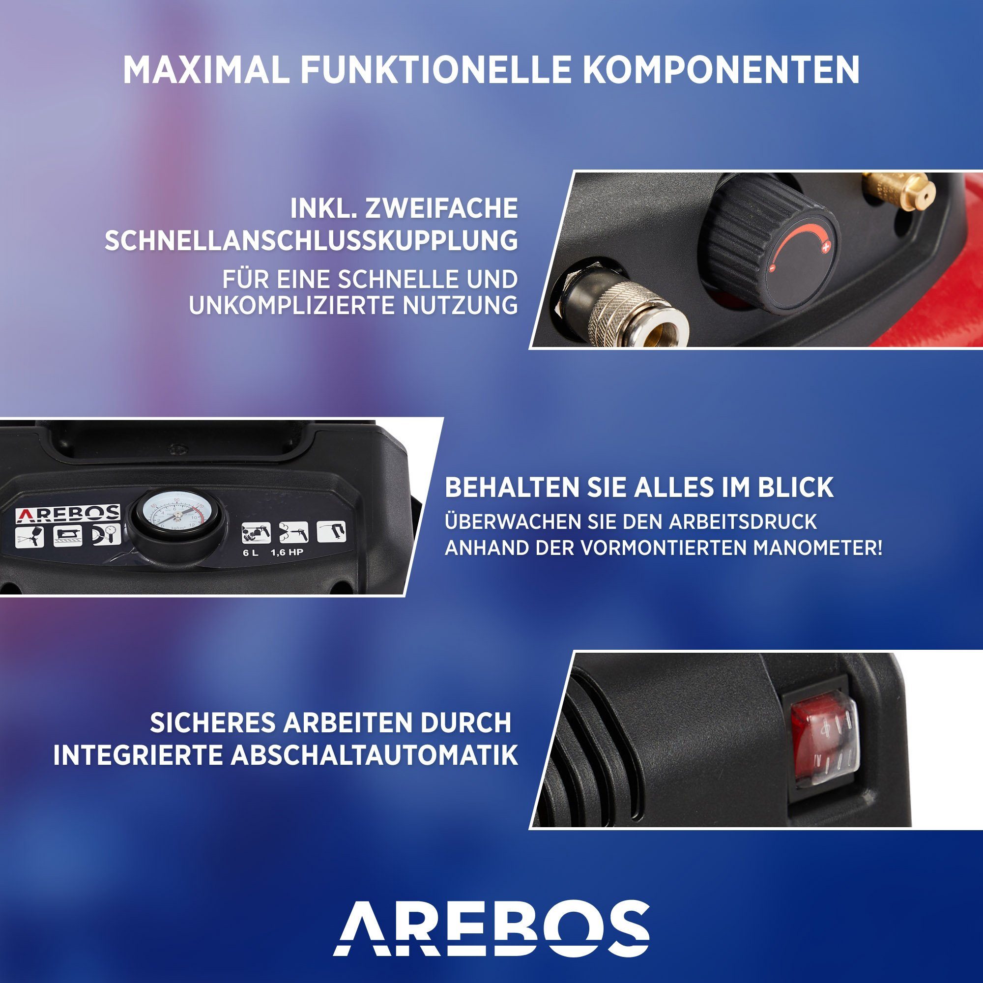 Arebos Kompressor 6L Druckluftkompressor, inkl. . Zubehör, Wartungsarm, 1200 W, max. 8,00 bar, Set, 13tlg. Druckluft-Set + Spiralschlauch, Ölfreier Kompressor für lange und wartungsarme Lebensdauer