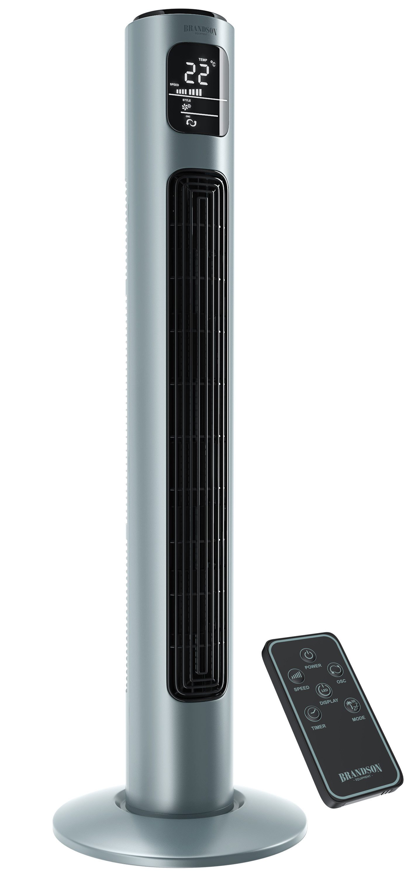 Brandson Turmventilator Oszillation 65°, Timer, Fernbedienung, Standventilator 96cm, Eisgrau, Preisträger 2025, mobiler Lüfter leise, 4 Lüftungs-Modi, GS-Geprüft
