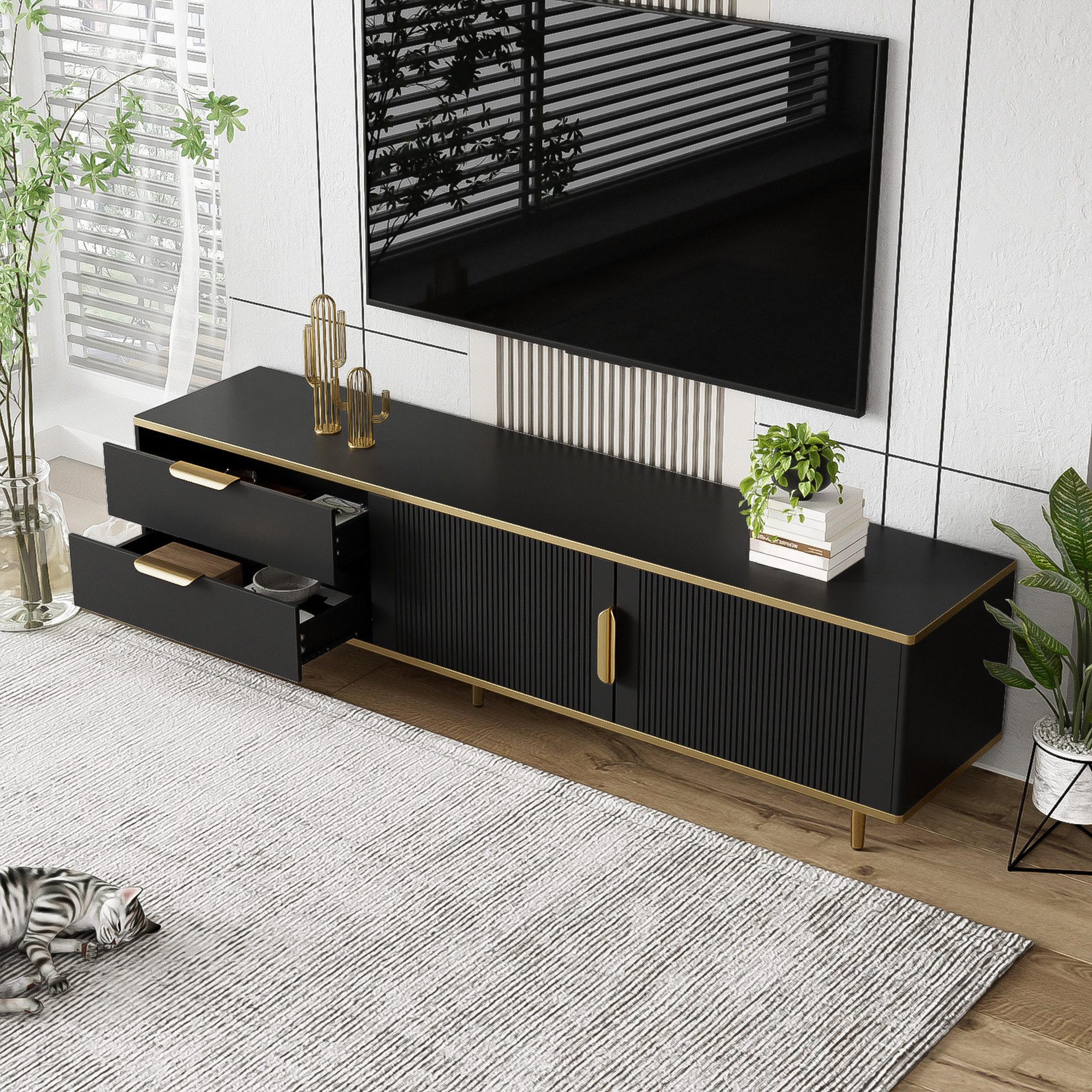 REDOM Lowboard TV-Schrank (Fernsehtisch, TV-Board mit Marmorstruktur, 2 Schubladen und 2 Türen), mit niedriger Teller mit geschnitzter Textur, goldenen Griffen/Füßen